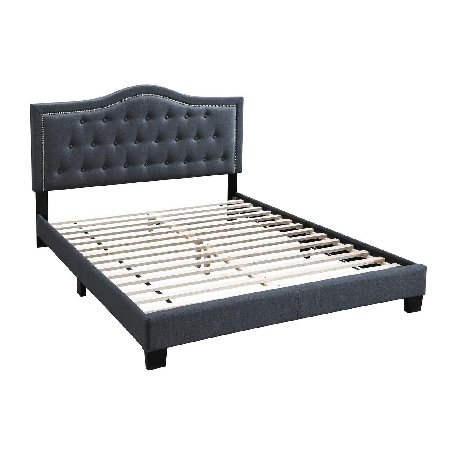 Button Tufted Twin Burlap Bed with Curved Headboard, Charcoal Gray