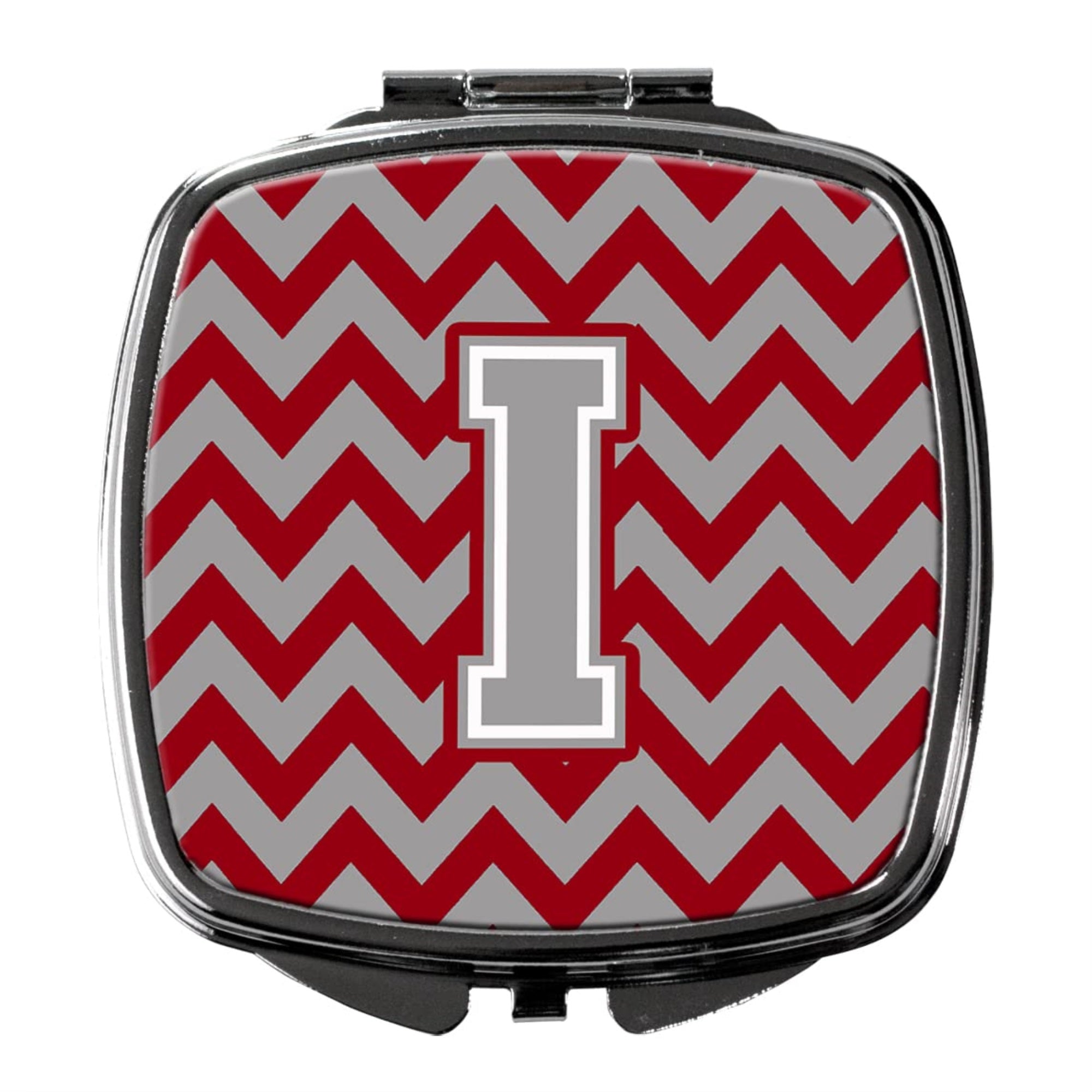 Carolines Treasures CJ1043-ISCM Letter I Chevron Crimson and Grey Compact Mirror Decorative Travel Makeup Mirror for Women Girls Gifts Pocket Makeup Mirror Folding Handheld