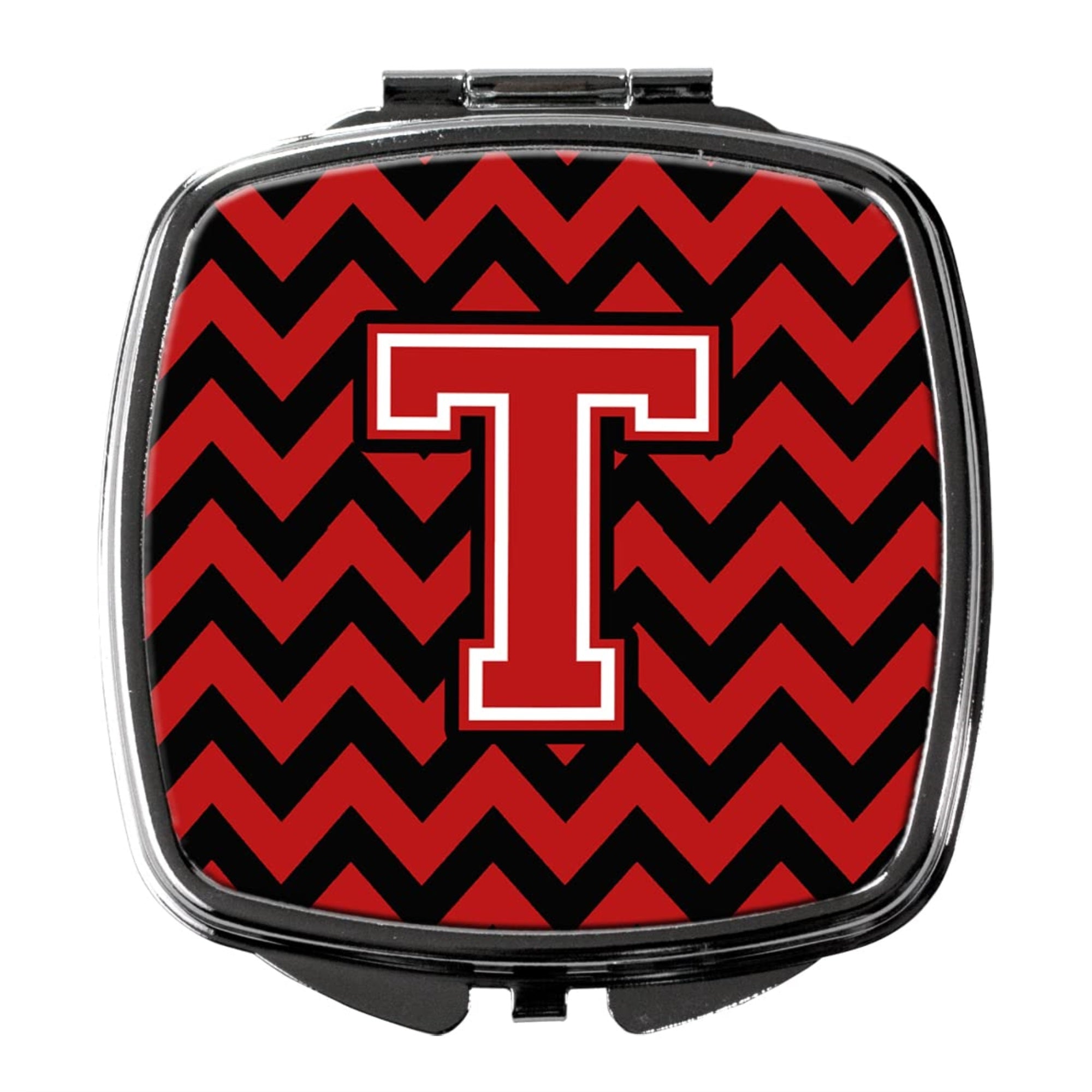 Carolines Treasures CJ1047-TSCM Letter T Chevron Black and Red Compact Mirror Decorative Travel Makeup Mirror for Women Girls Gifts Pocket Makeup Mirror Folding Handheld