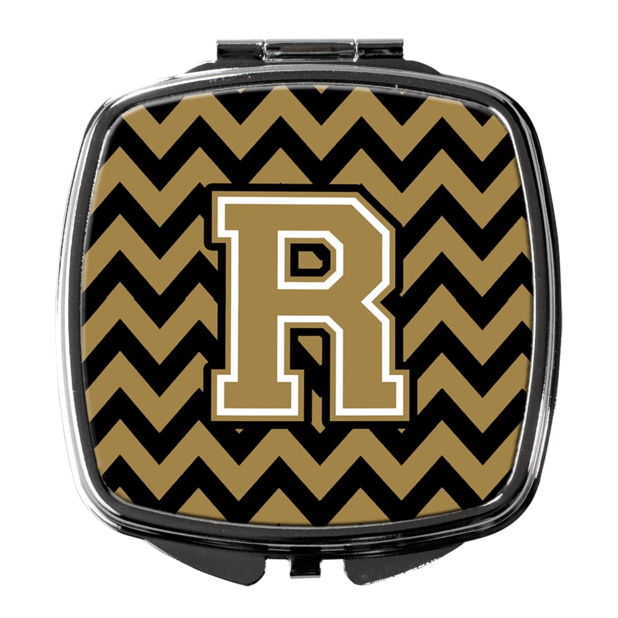 Carolines Treasures CJ1050-RSCM Letter R Chevron Black and Gold Compact Mirror Decorative Travel Makeup Mirror for Women Girls Gifts Pocket Makeup Mirror Folding Handheld