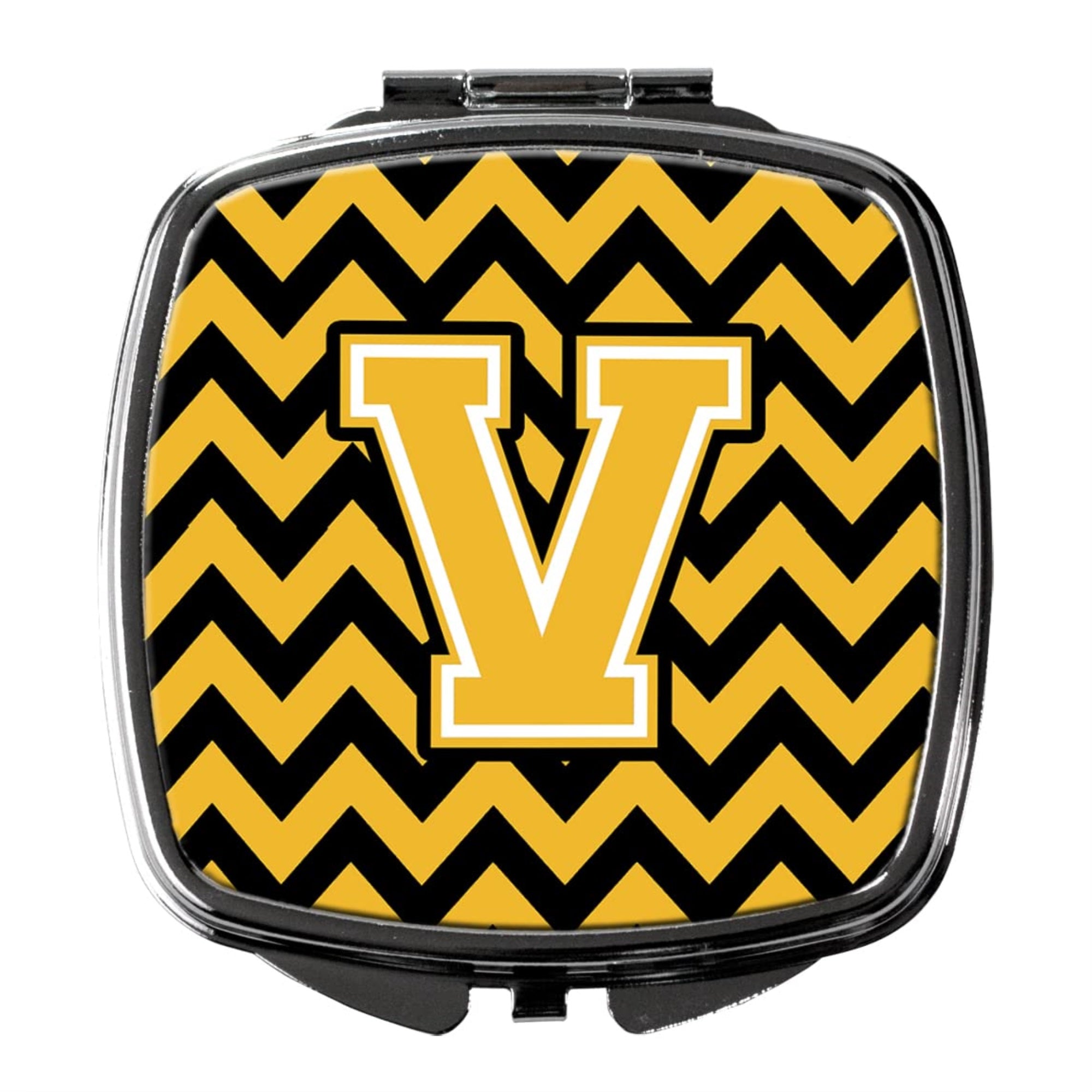 Carolines Treasures CJ1053-VSCM Letter V Chevron Black and Gold Compact Mirror Decorative Travel Makeup Mirror for Women Girls Gifts Pocket Makeup Mirror Folding Handheld