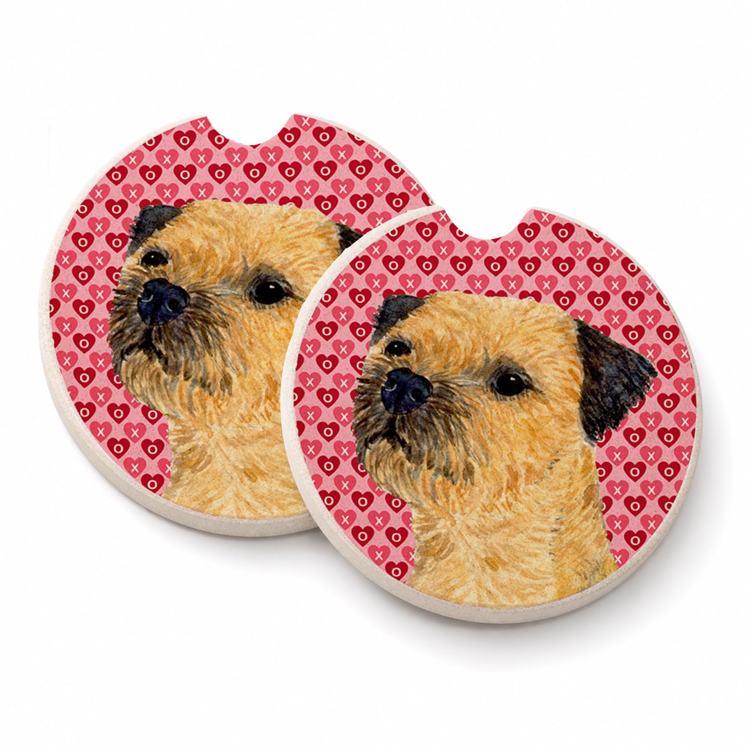 Carolines Treasures LH9143CARC Border Terrier Hearts Love and Valentines Day Portrait Set of 2 Cup Holder Car Coasters Absorbent Sandstone Coasters for Car Cup Holders Gifts for Men or Women, Large,