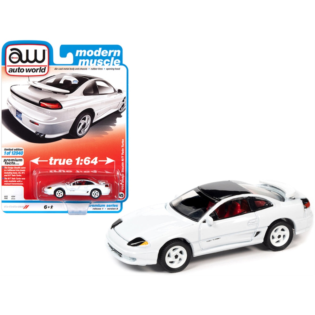 1992 Dodge Stealth R/T Twin Turbo White With Black Top And Red Interior 'Modern Muscle' Limited Edition To 12040 Pieces Worldwide 1/64 Diecast Model Car By Autoworld