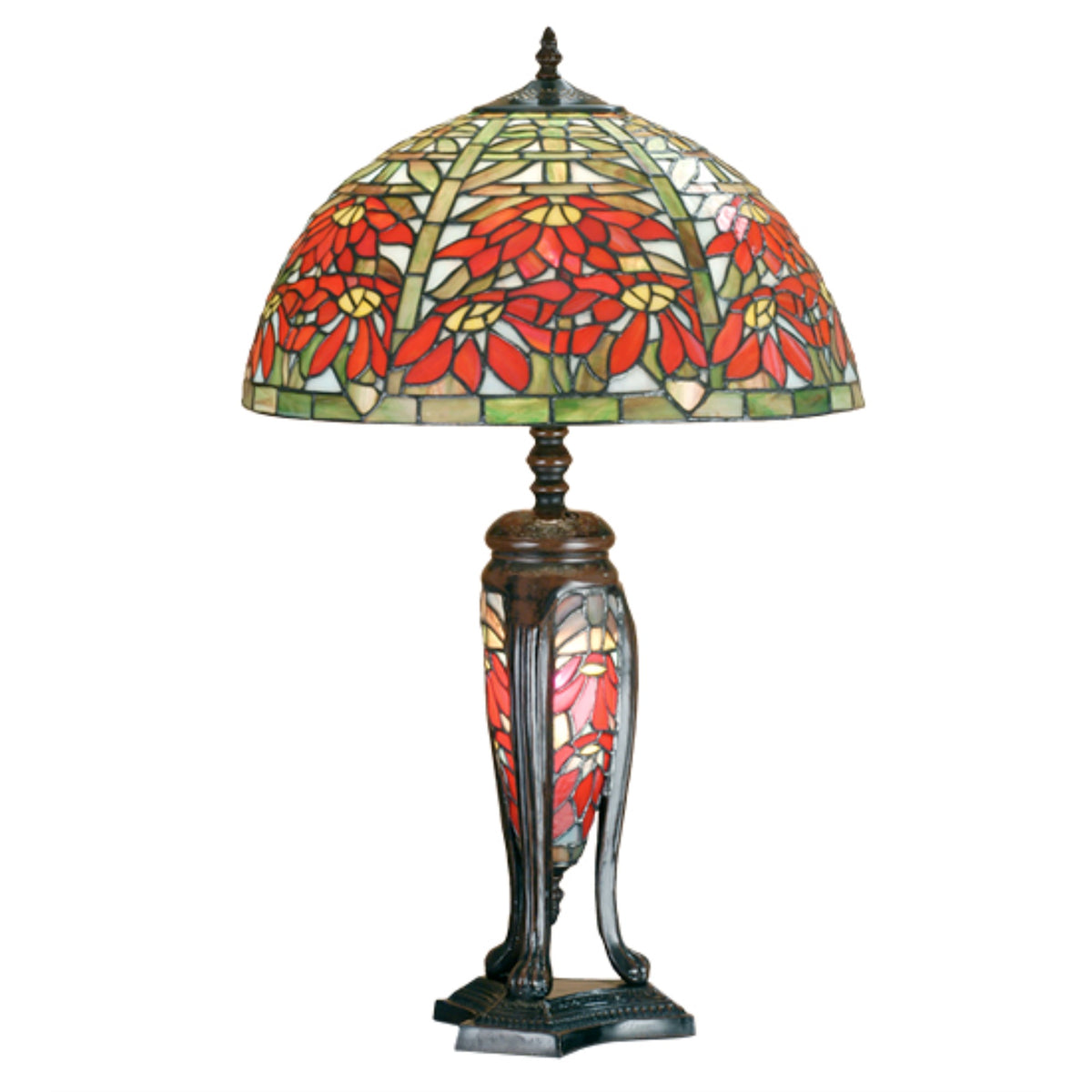 25' High Tiffany Poinsettia W/Lighted Base Table Lamp