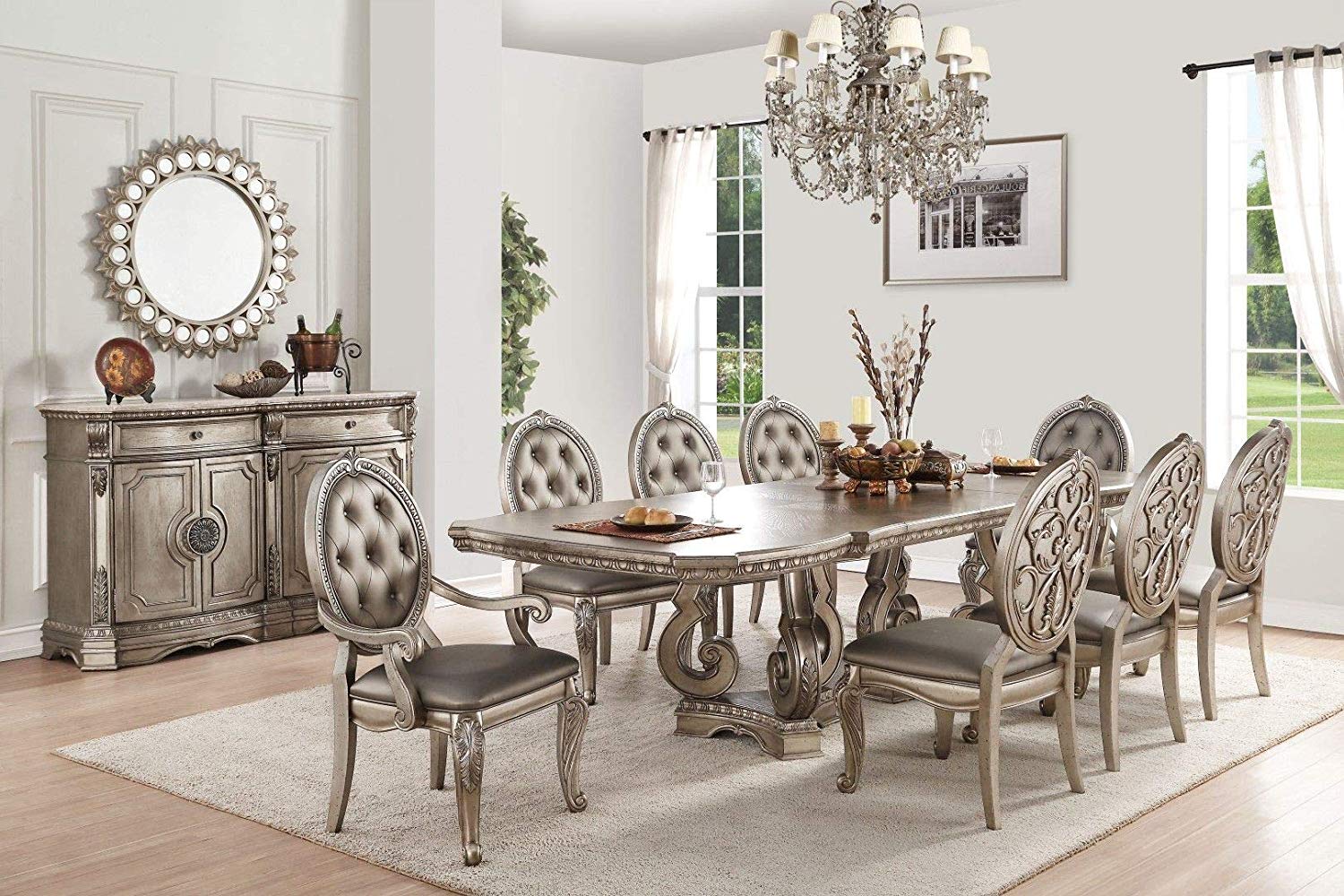 Yadlio Dining Table-Northville Double Pedestal,Antique Champagne-Rectangular,Raised Motifs,Carving Molding Trim-Wooden Top,2 Removable Leaves-Chairs,Oval Backrest,Button Tufted-PU Padded Seat & Back