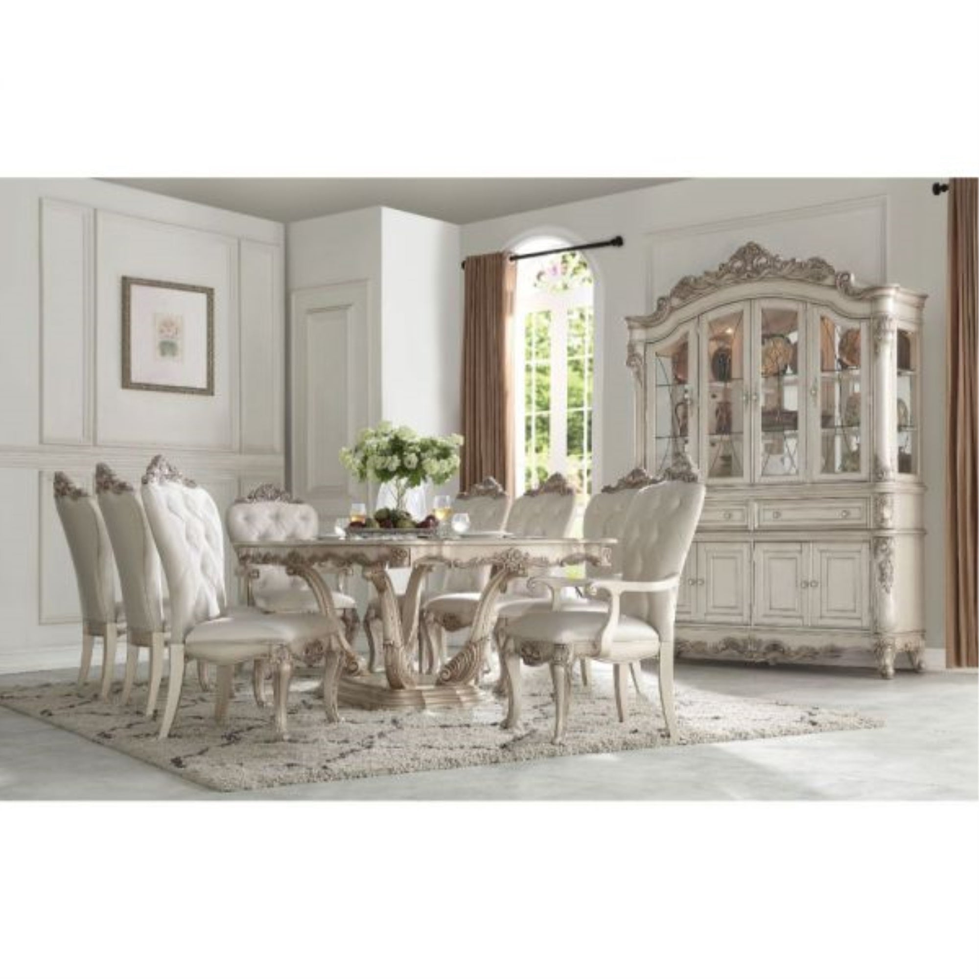Yardlio Dining Table - Exquisite Rectangular Design with Queen Anne Legs and Floral Motifs in Antique Champagne Finish - Ideal for Large Gatherings and Elegant Dining Room Decor