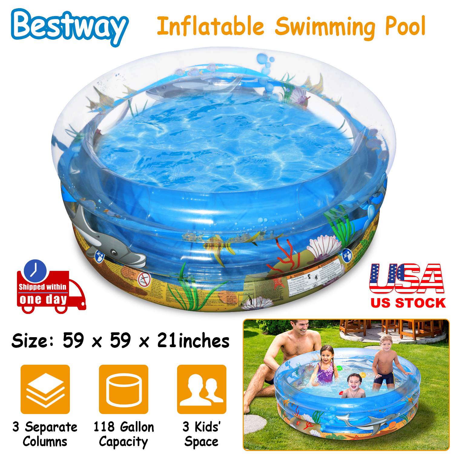 59X21 Inflatable Swimming Pool Blow Up Family Pool For 3 Kids Foldable Swim Ball Pool Center W/ 3 Velvets Water Drain Plug For I