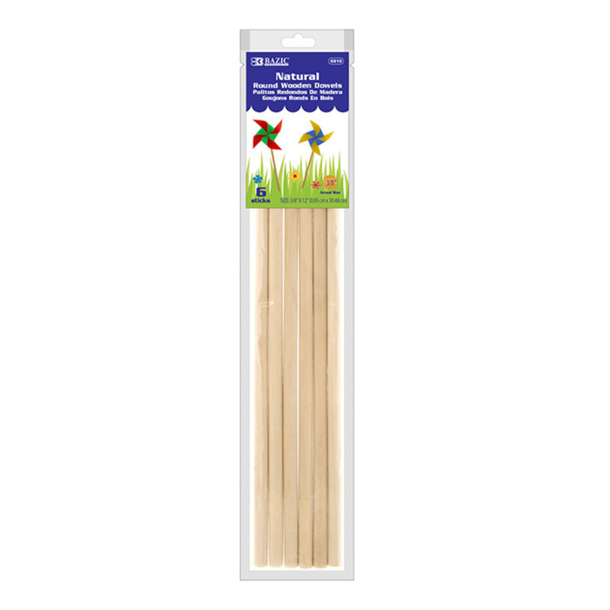 Bazic 3/8' X 12' Round Natural Wooden Dowel (6/Bag)