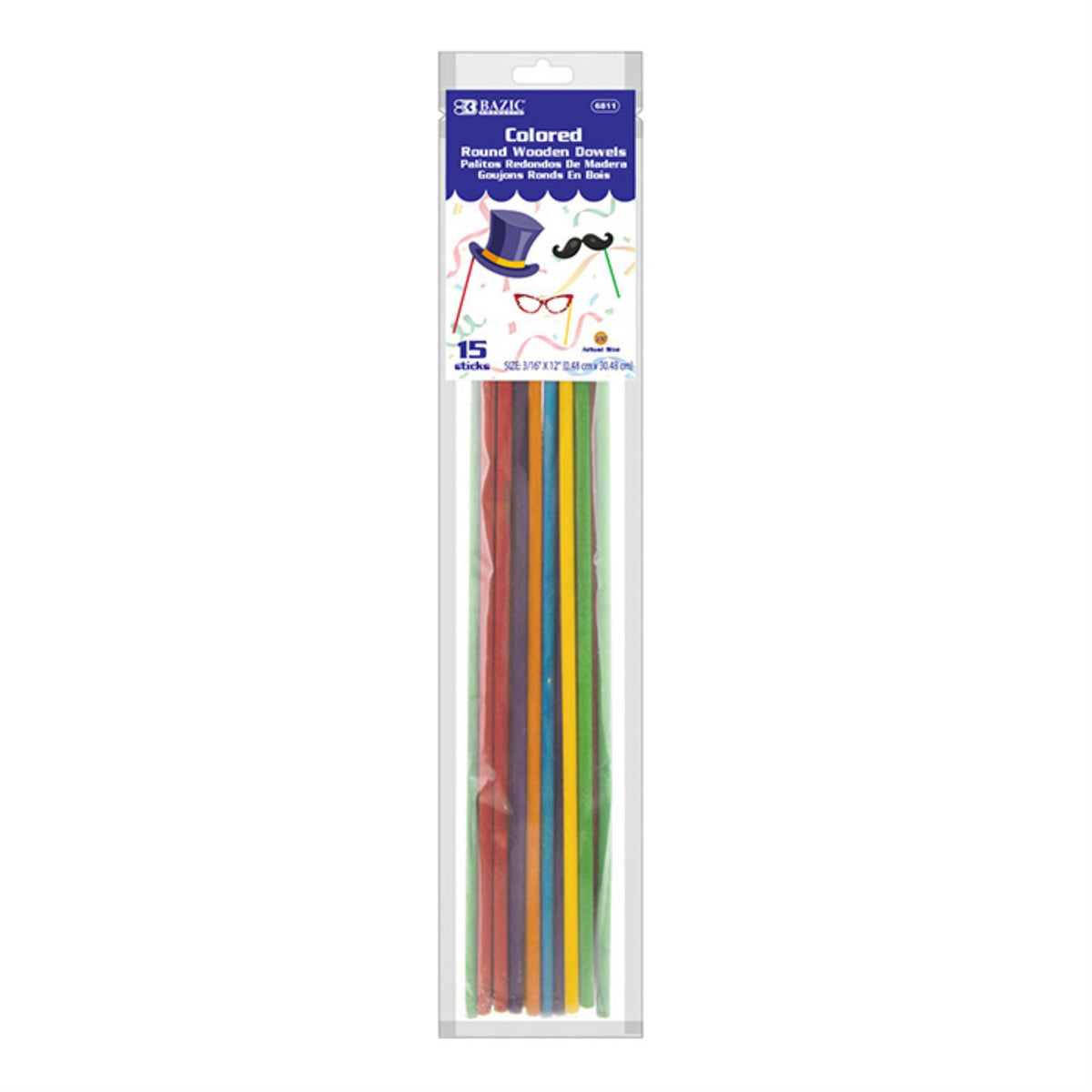 Bazic 3/16' X 12' Round Multi-Colored Wooden Dowel (15/Bag)