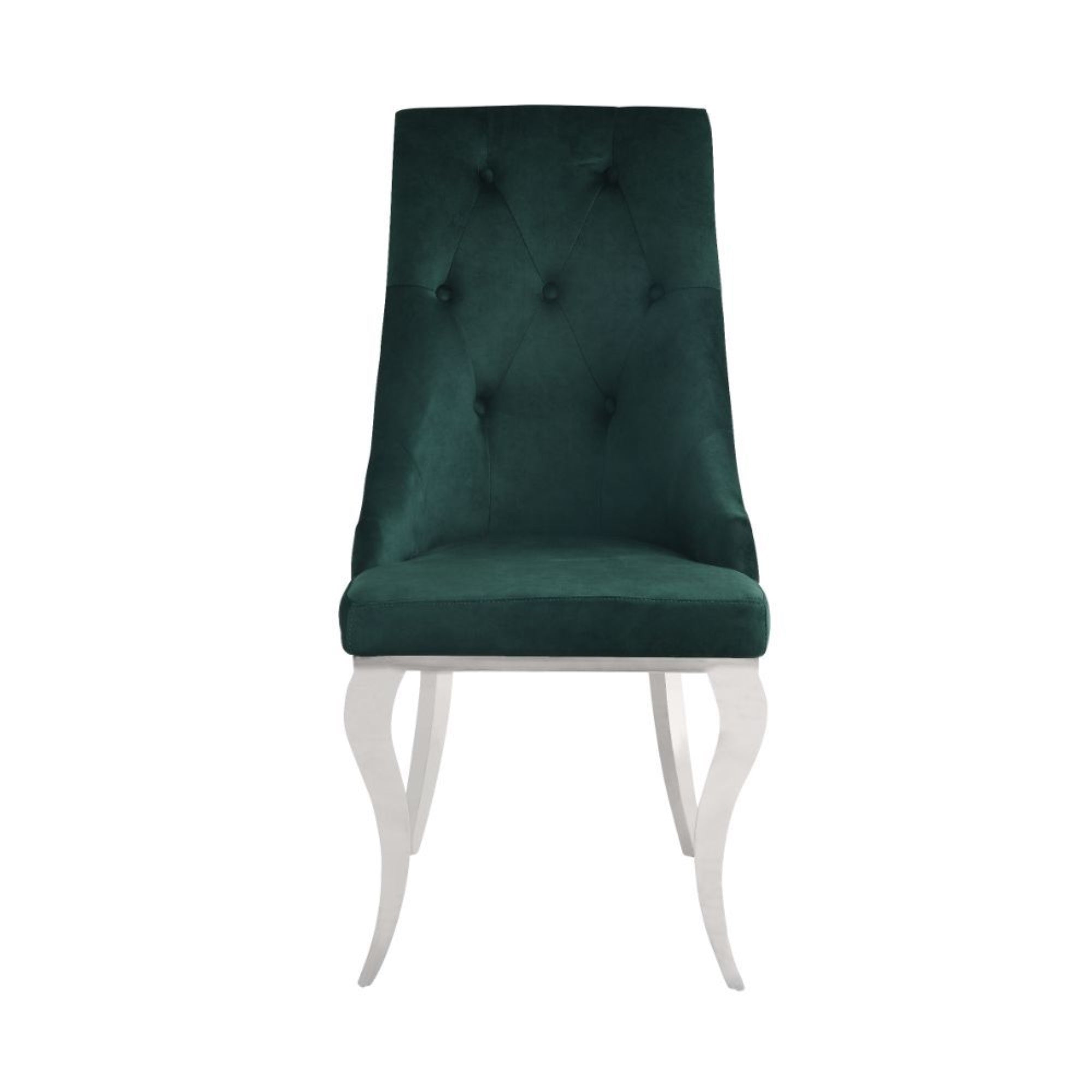 Yadlio Side Chair Set-2, Green Fabric & Stainless Steel - Rectangular Pedestal Table, Clear Tempered Glass Top, Padded Seat & Back, Button Tufted Backrest, Stainless Steel Cabriole Leg
