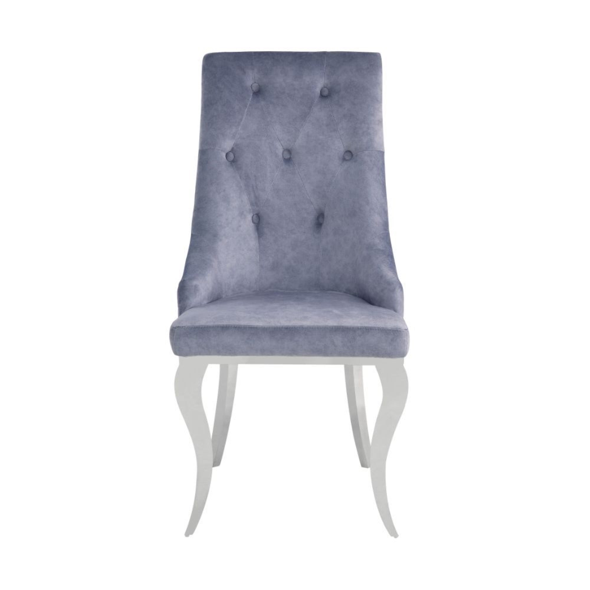 Yadlio Side Chair Set-2, Gray Fabric & Stainless Steel - High Back Dining Chair, Padded Seat & Back, Stainless Steel Apron, Button Tufted Backrest, Cabriole Leg, Padded Armrest