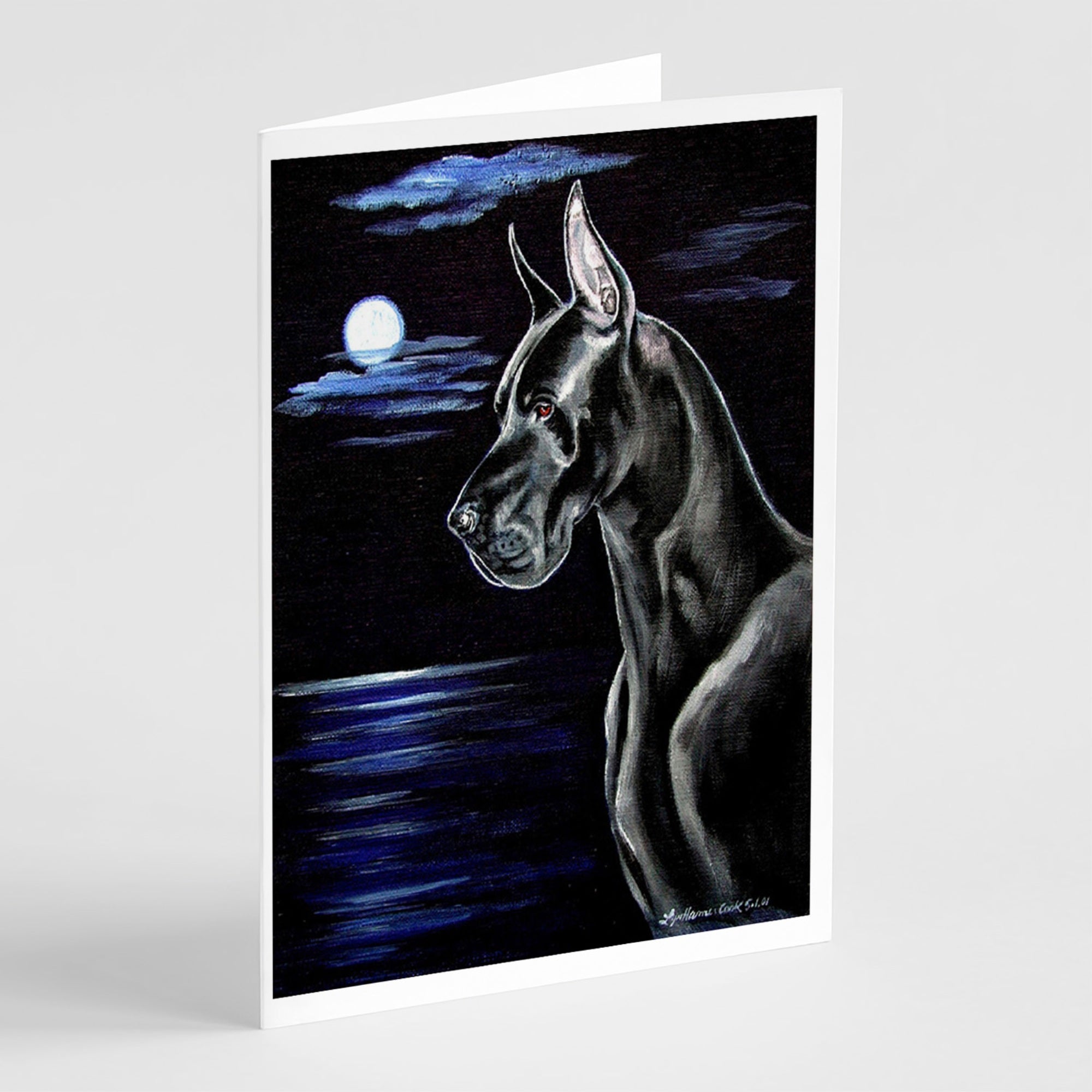 Black Great Dane In The Moonlight  Greeting Cards And Envelopes Pack Of 8