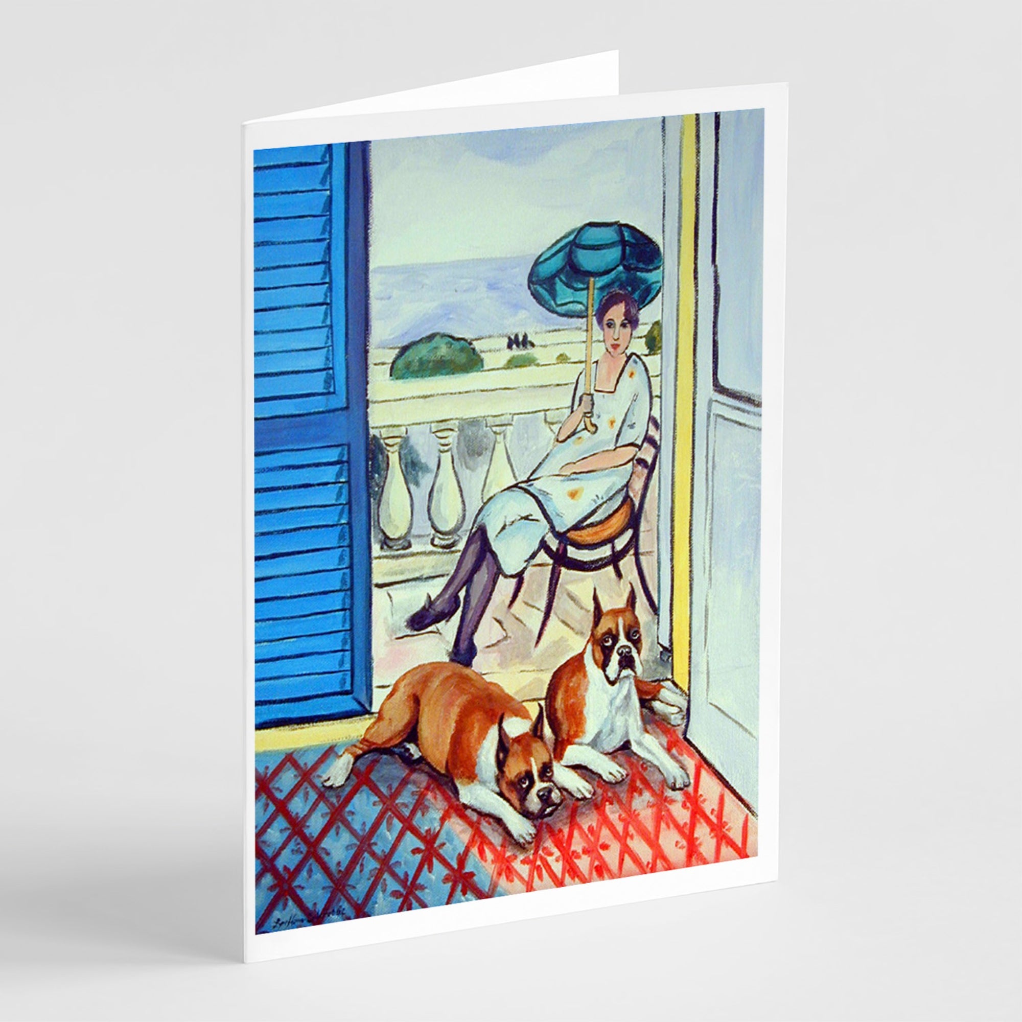 Lady With Her Boxer  Greeting Cards And Envelopes Pack Of 8