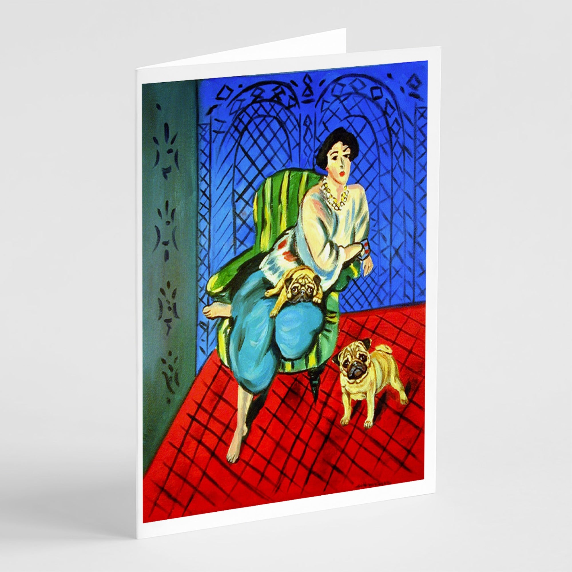 Lady With Her  Fawn Pug  Greeting Cards And Envelopes Pack Of 8