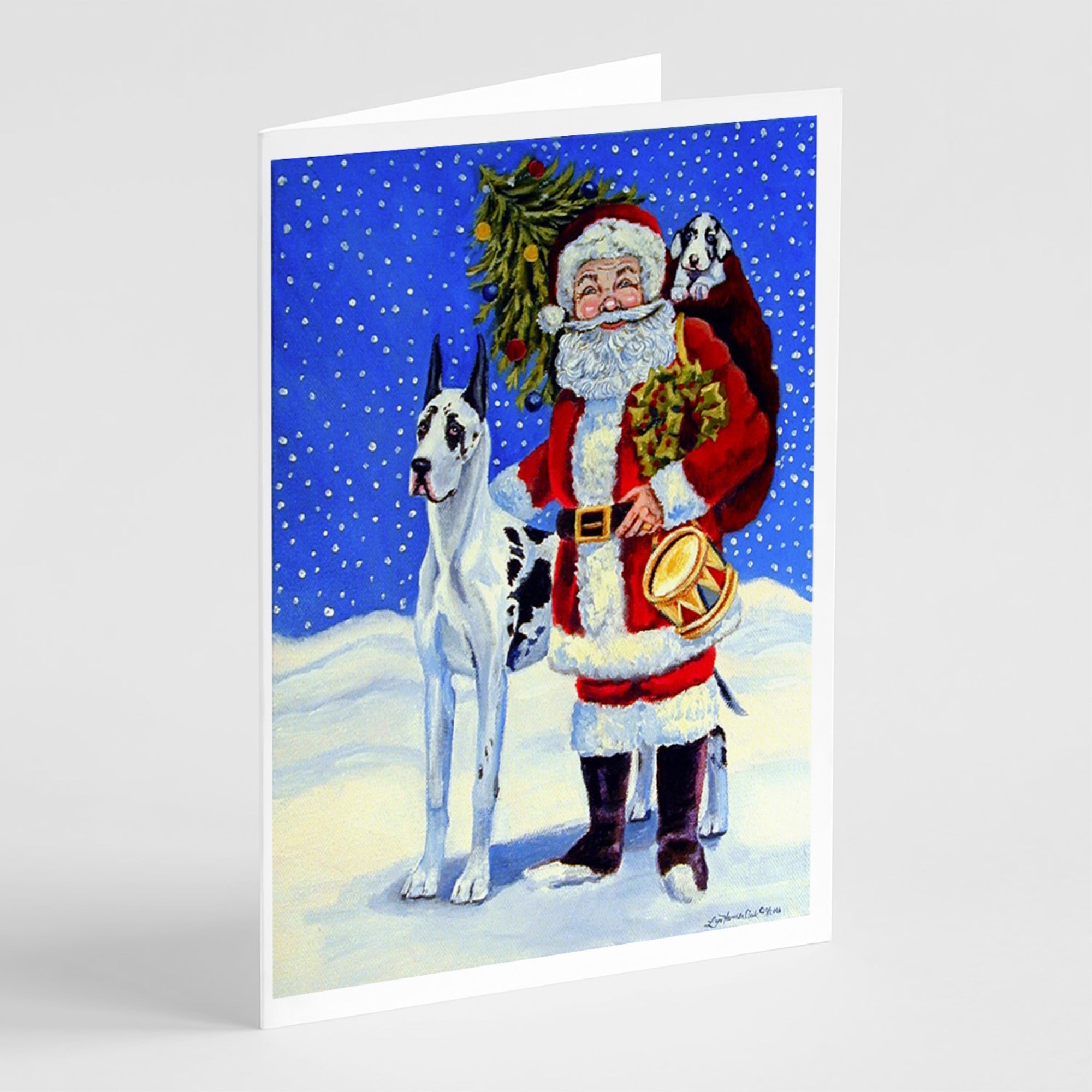 Harlequin Great Dane With Santa Claus  Greeting Cards And Envelopes Pack Of 8