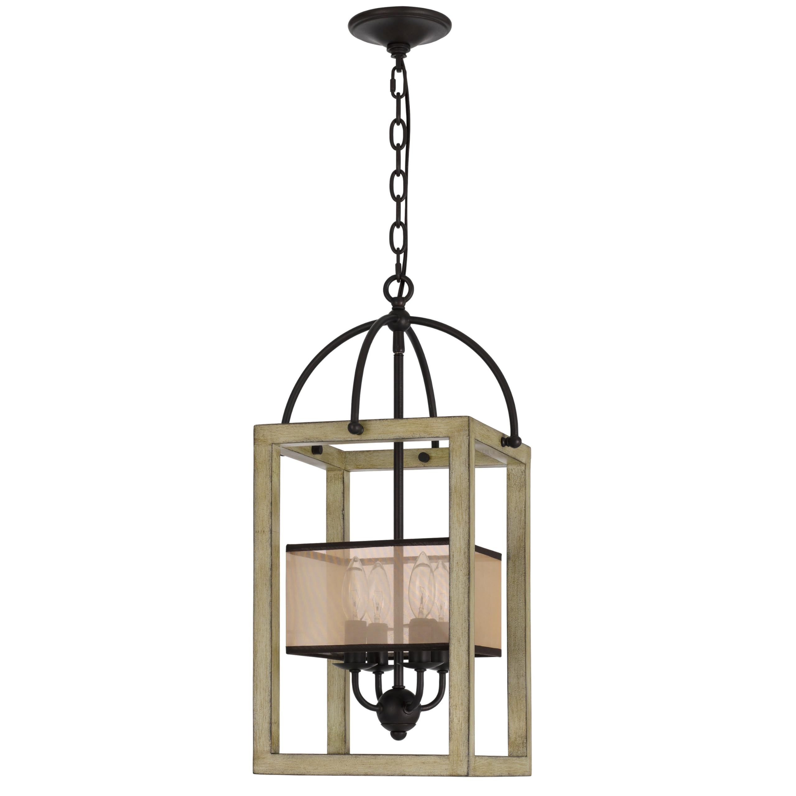 Acia 12 Inch Chandelier, Distressed Brown Organza Shade, Wood, Metal