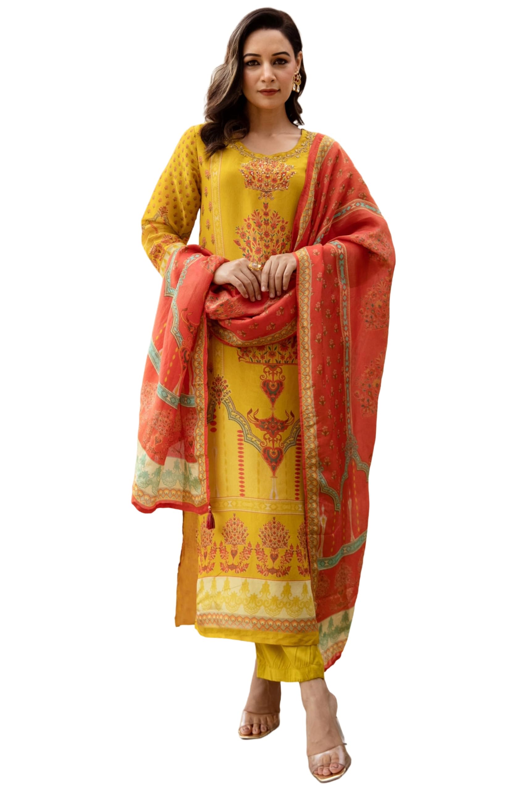 Gosriki Women'S Rayon Viscose Straight Printed Kurta With Pant & Dupatta (Champika Yellow-Gs_5Xl_Yellow_Xxxxx-Large)