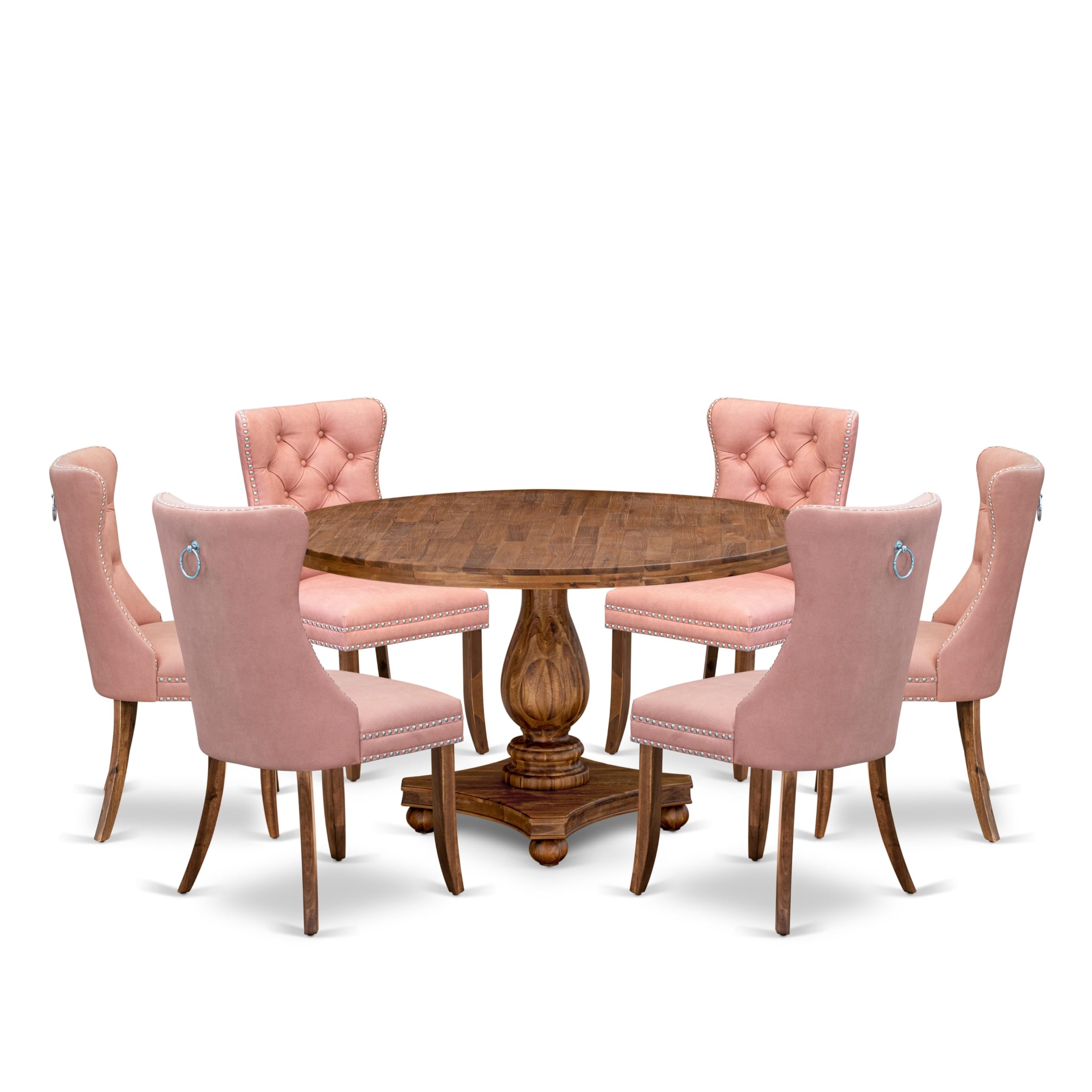 7-Pc Mid Century Dining Set Contain A Table And 6 Beige Red Upholstered Chairs