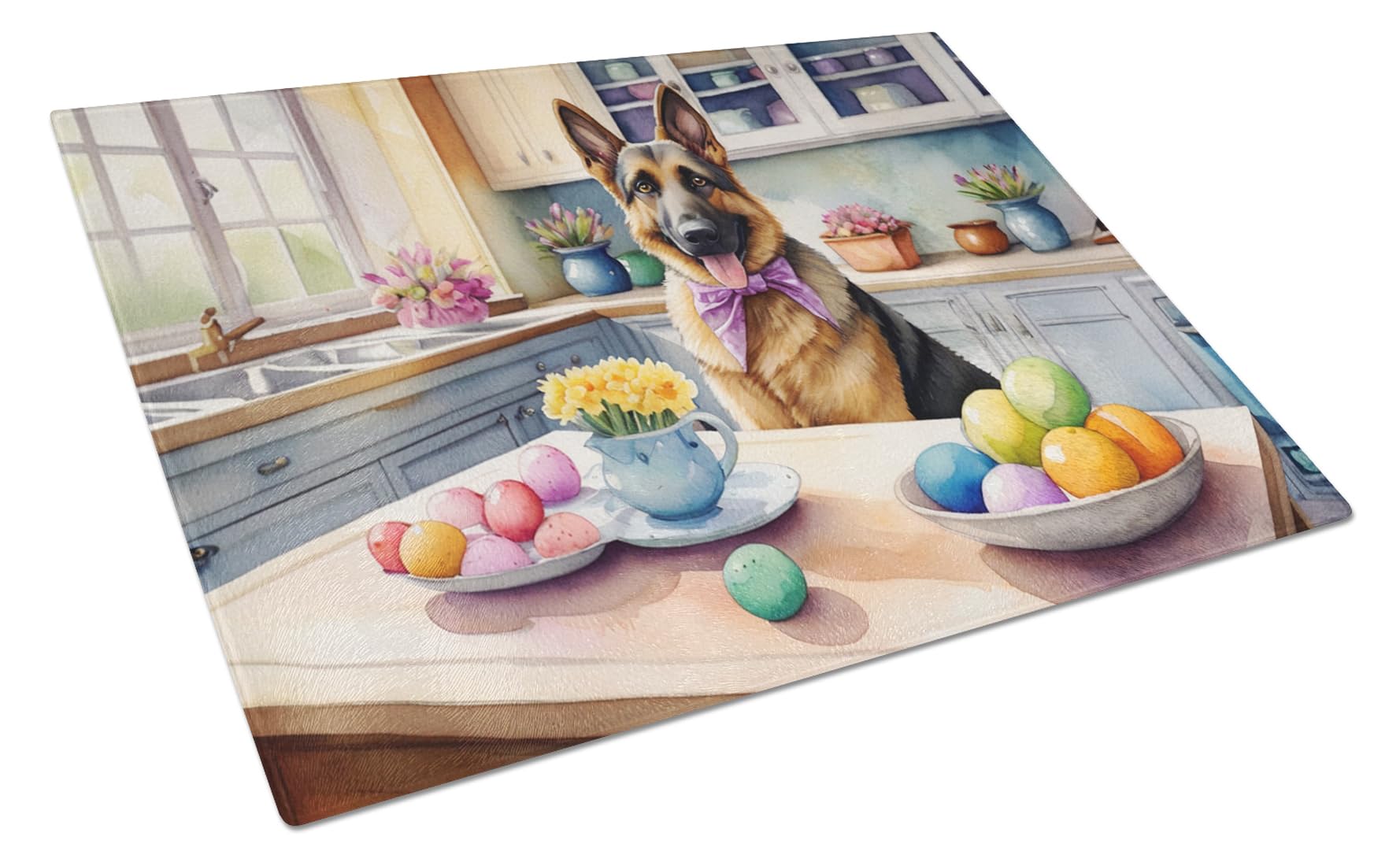 Carolines Treasures DAC6817LCB Decorating Easter German Shepherd Glass Cutting Board Decorative Tempered Glass Kitchen Cutting and Serving Board Large Size Chopping Board