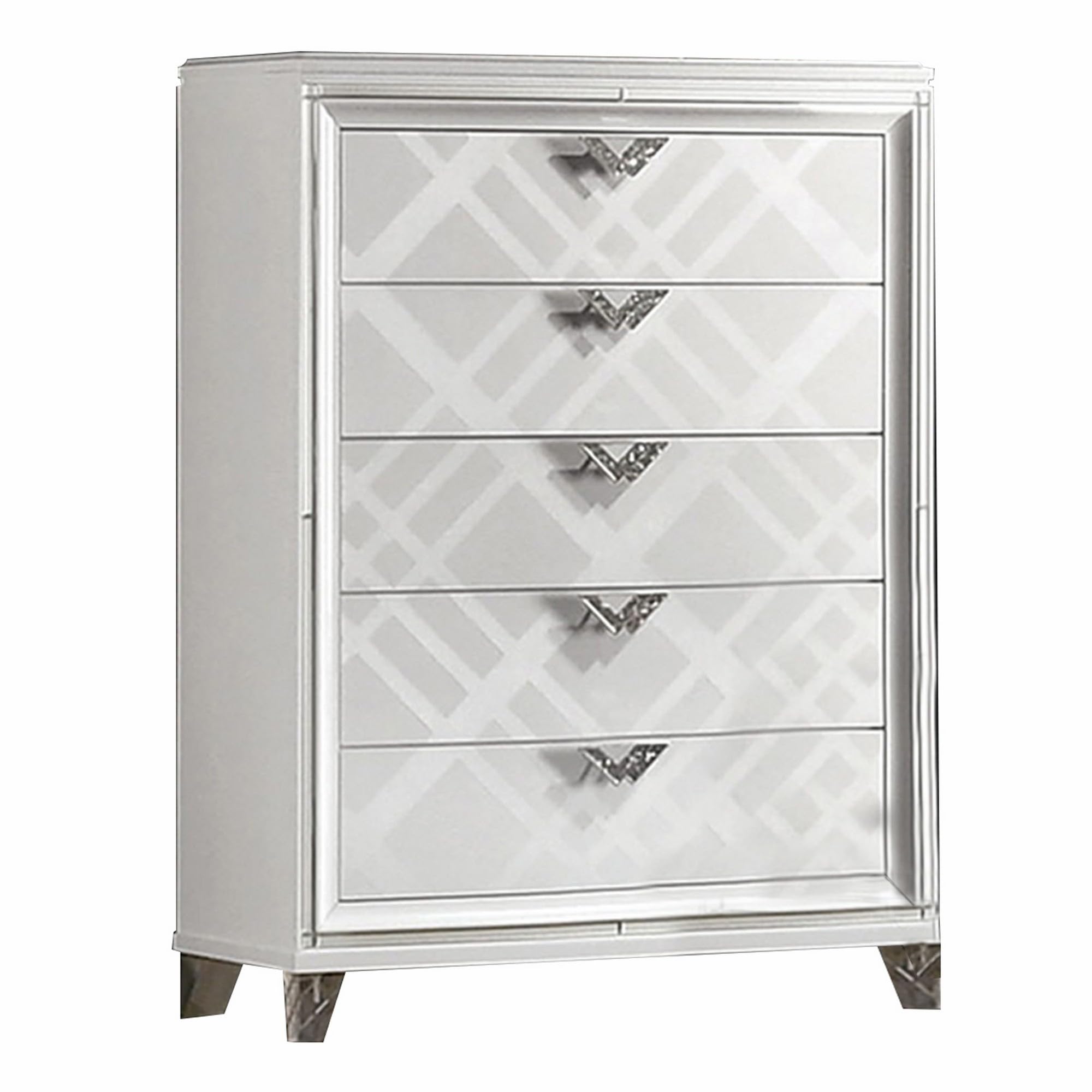 Beli 54 Inch 5 Drawer Tall Dresser Chest, Carved Acrylic Feet, Crisp White