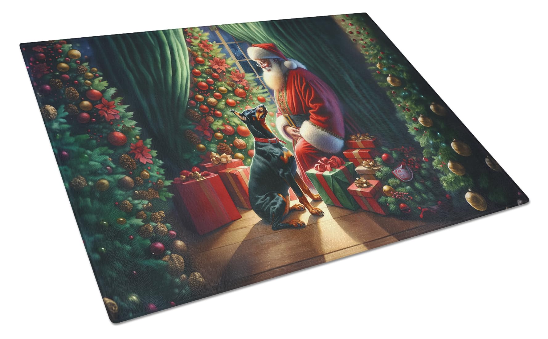 Carolines Treasures DAC4105LCB Doberman Pinscher and Santa Claus Glass Cutting Board Decorative Tempered Glass Kitchen Cutting and Serving Board Large Size Chopping Board