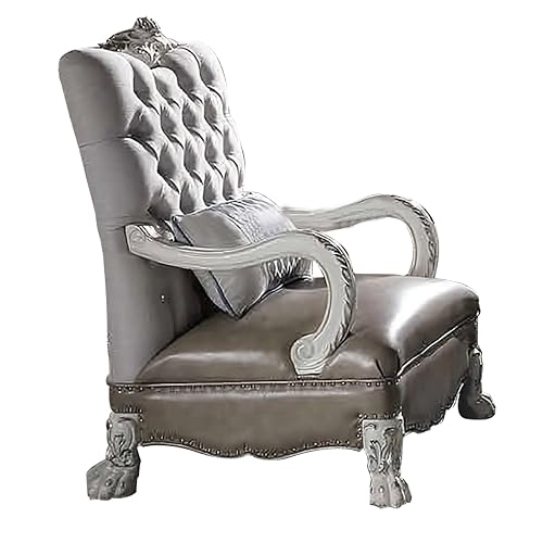 35 Inch Ornate Chair with Pillow, Carved Button Tufted Back, White Velvet
