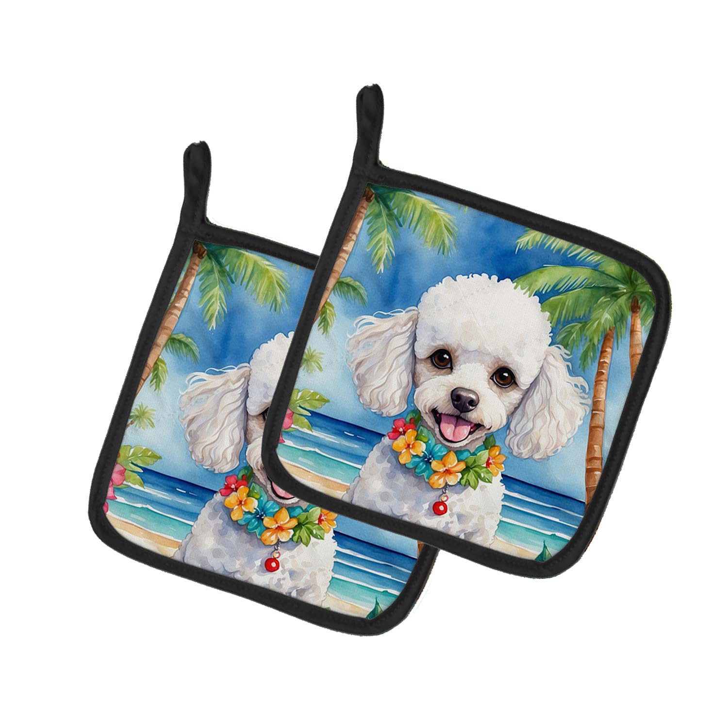 White Poodle Luau Pair of Pot Holders