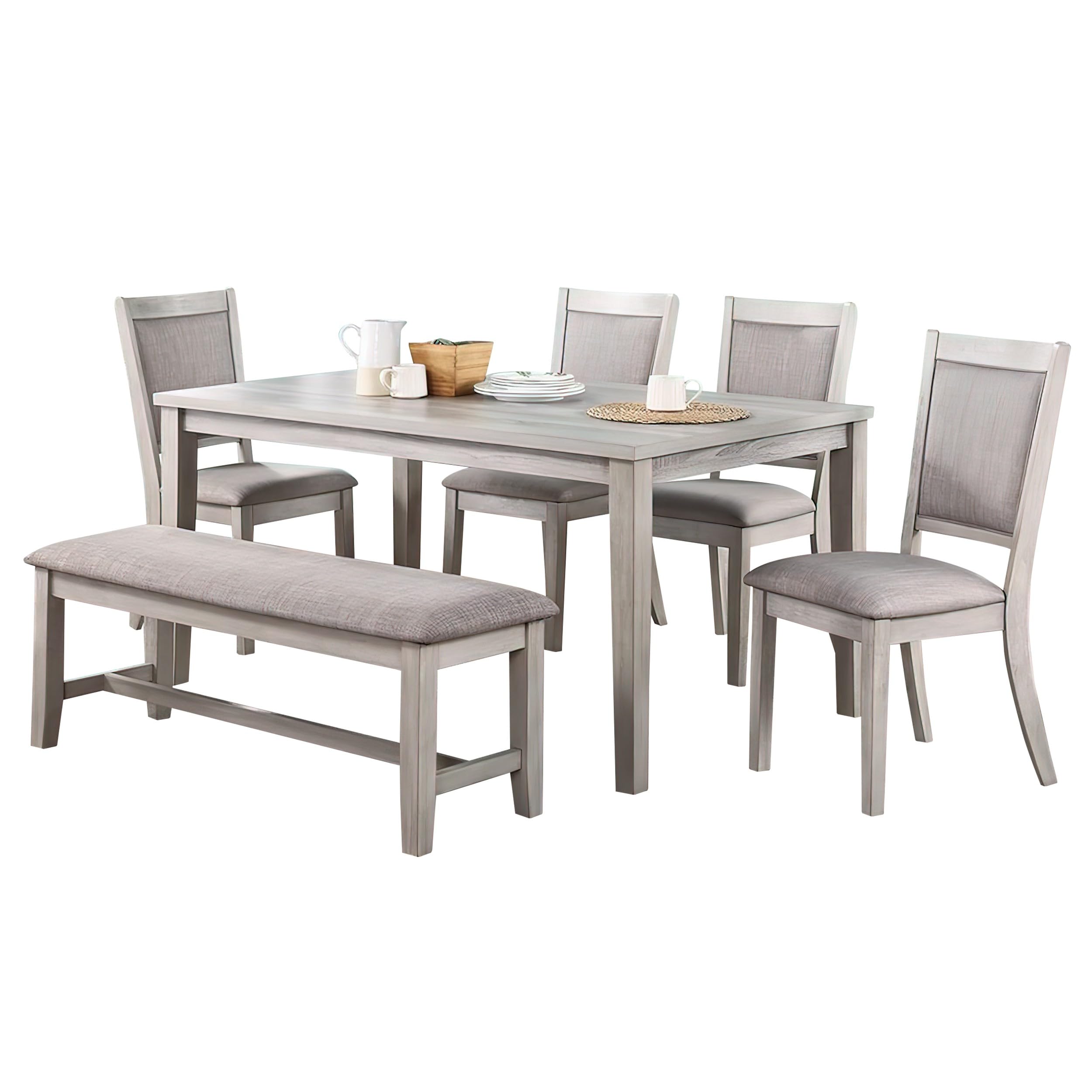 Modern 6 Piece Dining Set with Table, 4 Chairs and Bench, Plush Seats, Gray
