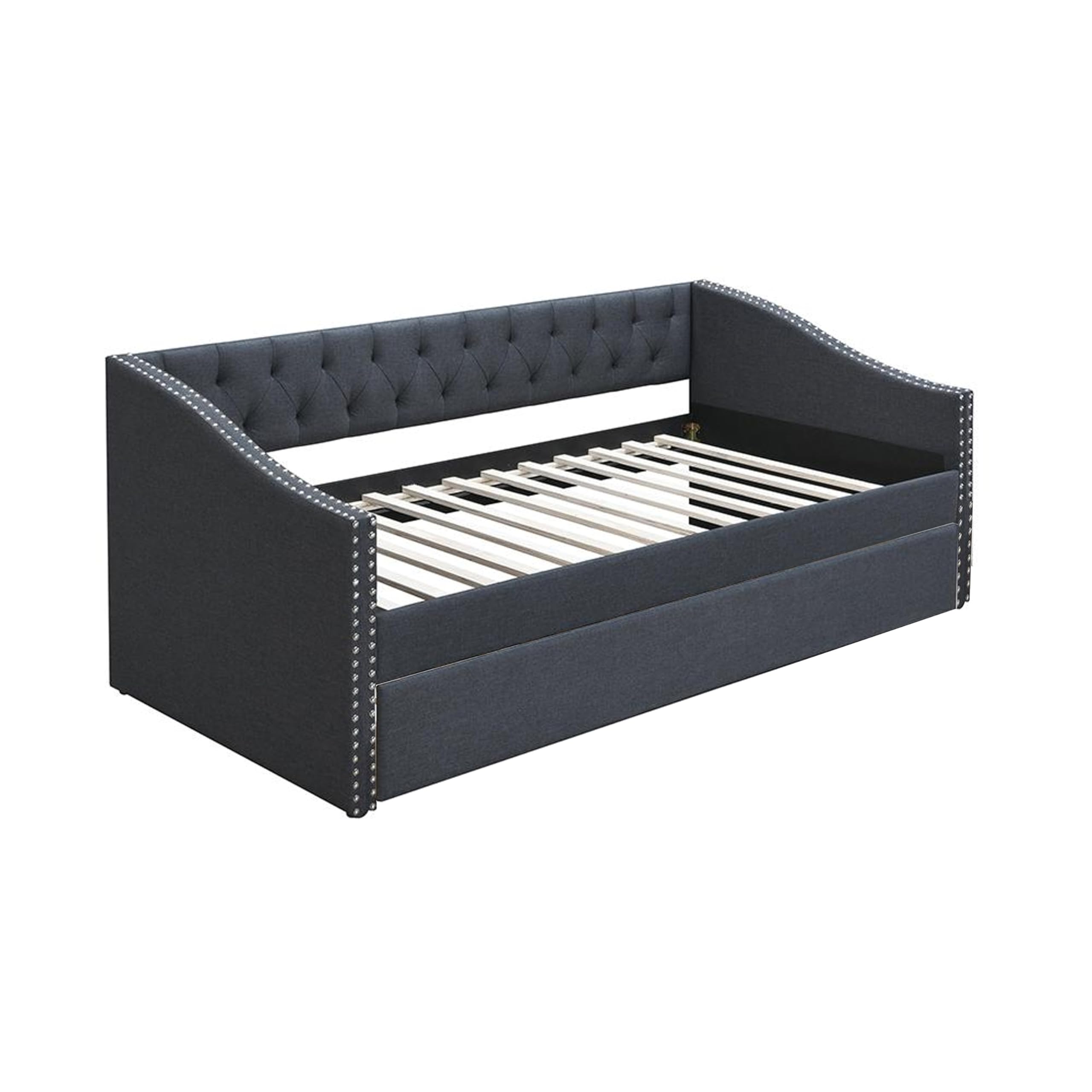Daybed Sofa w Slats n Trundle Bed, Nailhead Trim, Charcoal Gray Fabric