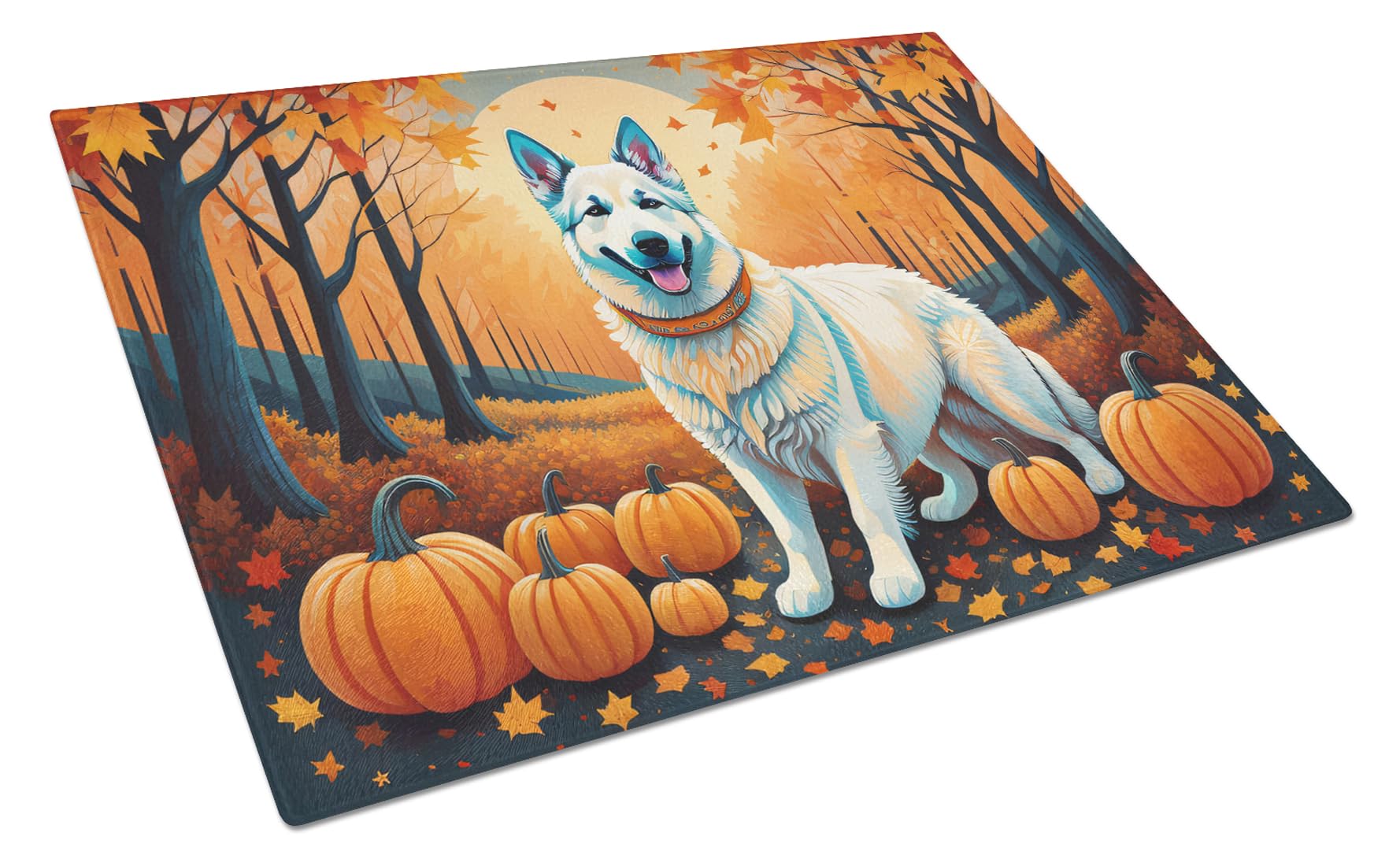 Carolines Treasures DAC1047LCB White German Shepherd Fall Glass Cutting Board Large Decorative Tempered Glass Kitchen Cutting and Serving Board Large Size Chopping Board