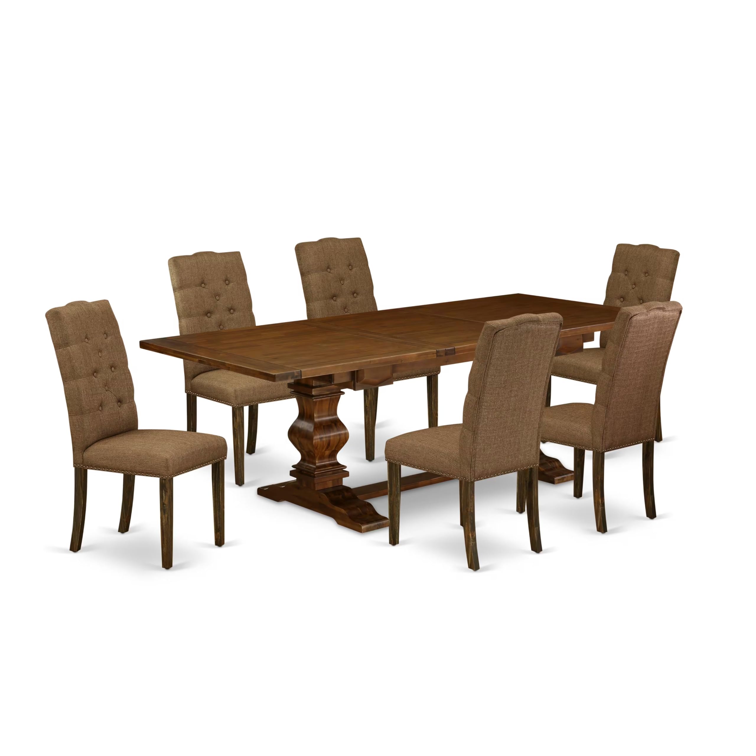 7- pieces dining table set with Chairs Legs and Brown Beige Linen Fabric