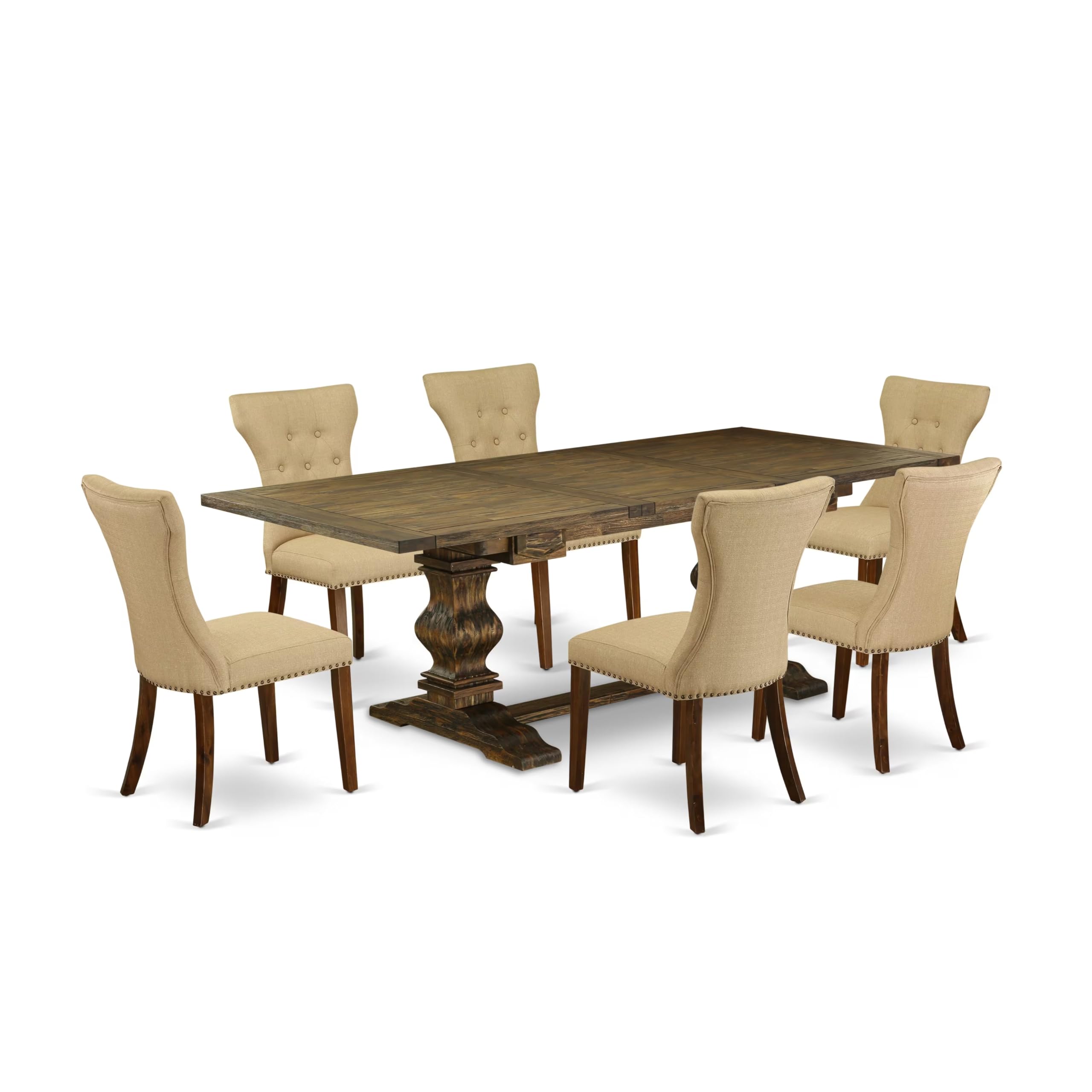 7-piece dining table set with Chairs Legs and Brown Linen Fabric