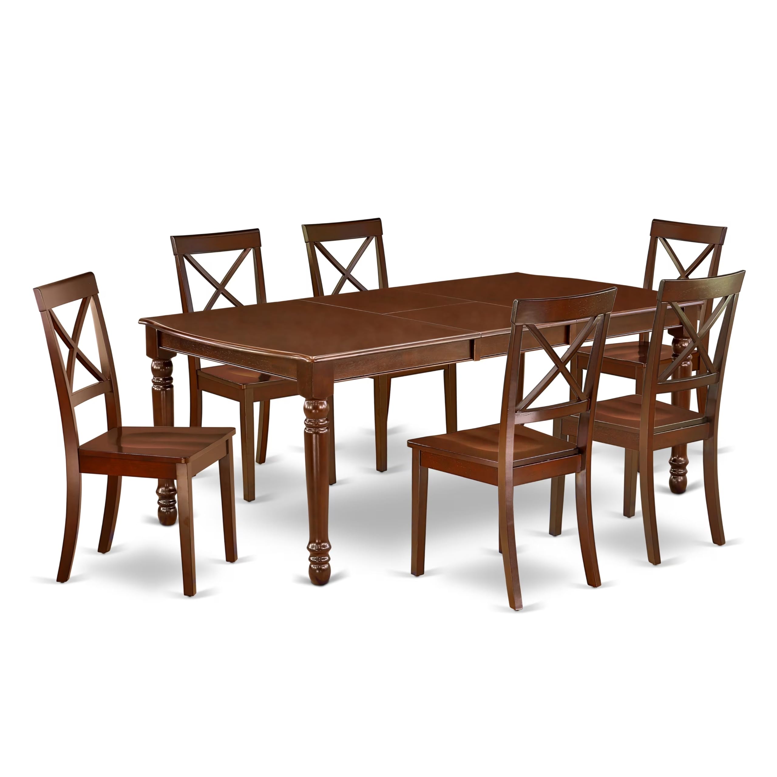 DOBO7-MAH-W 7Pc Rectangle 60/78 Inch Dining Room Table With 18 In Self Storing Butterfly Leaf And Six Wood Seat Kitchen Chairs