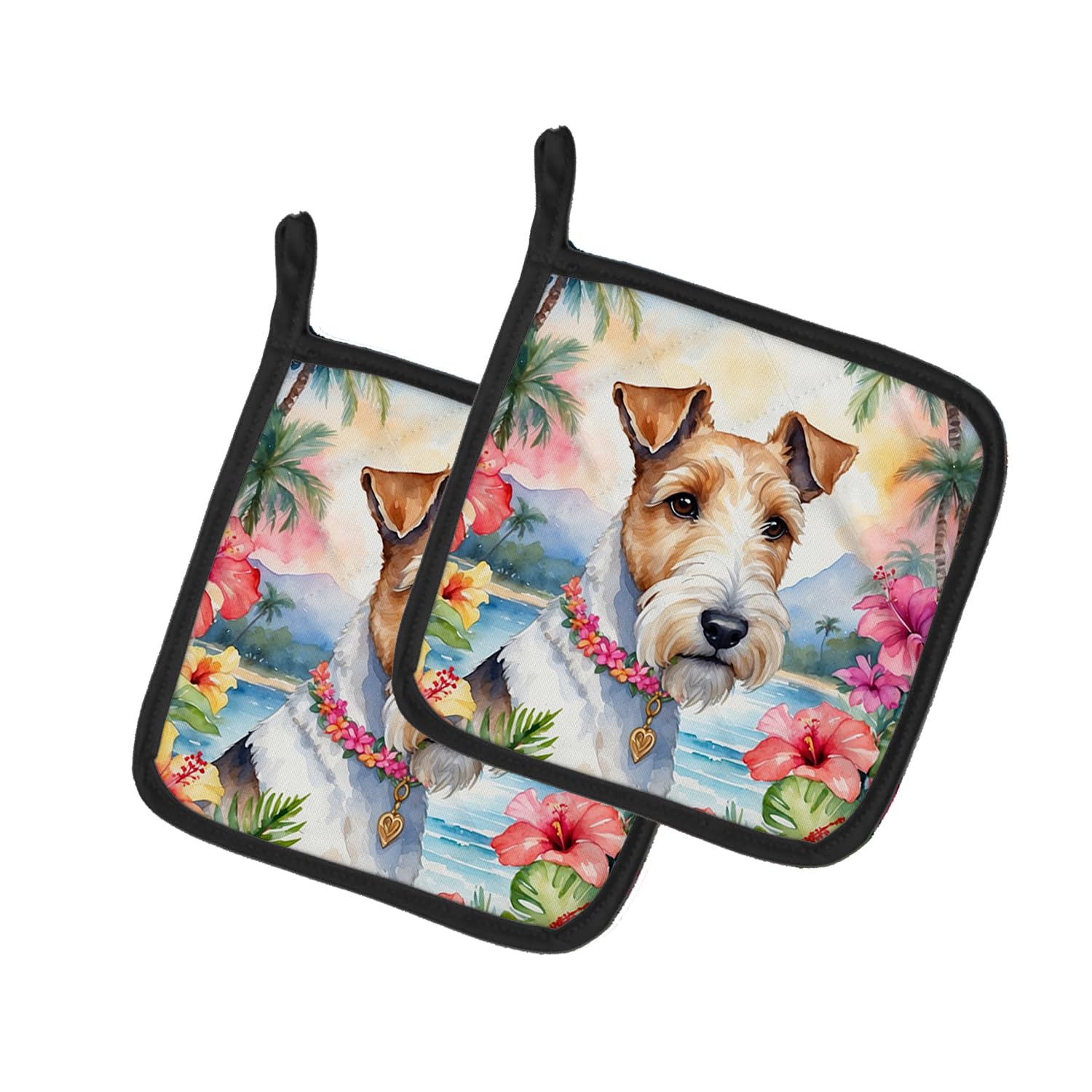 Fox Terrier Luau Pair of Pot Holders