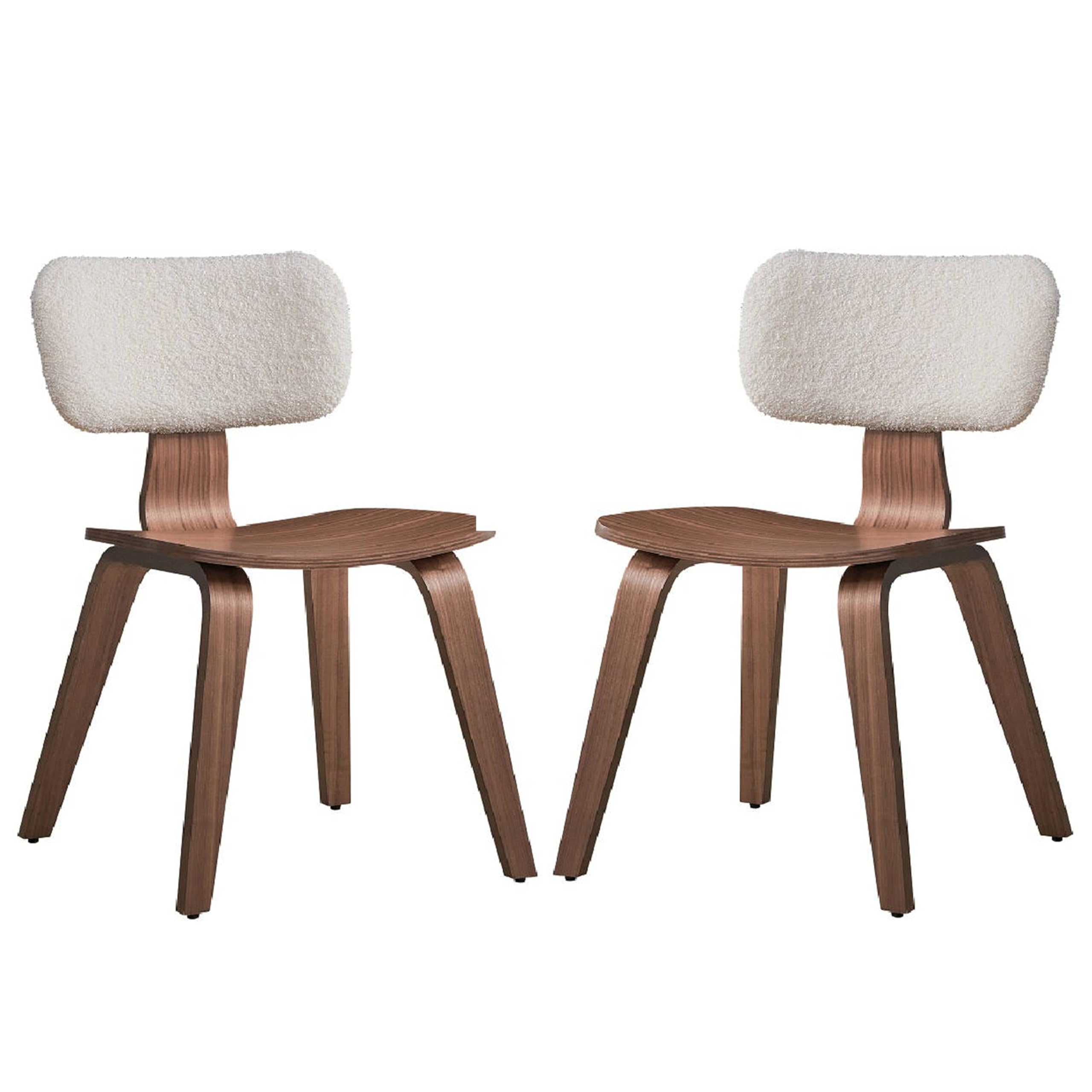 Aon 22 Inch Side Dining Chair Set of 2, Curved, White Boucle, Walnut Brown