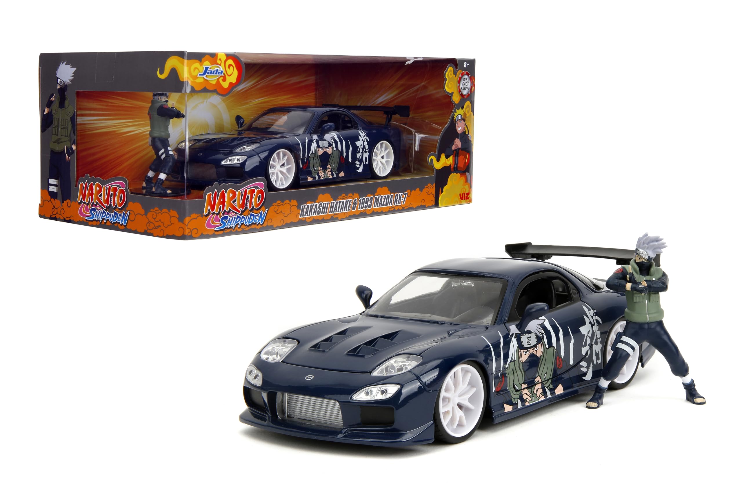 1993 Mazda RX-7 Dark Blue with Graphics and Kakashi Hatake Diecast Figure  Shippuden (2009-2017) TV Series ?Anime Hollywood Rides? Series 1/24 Diecast Model Car by Jada