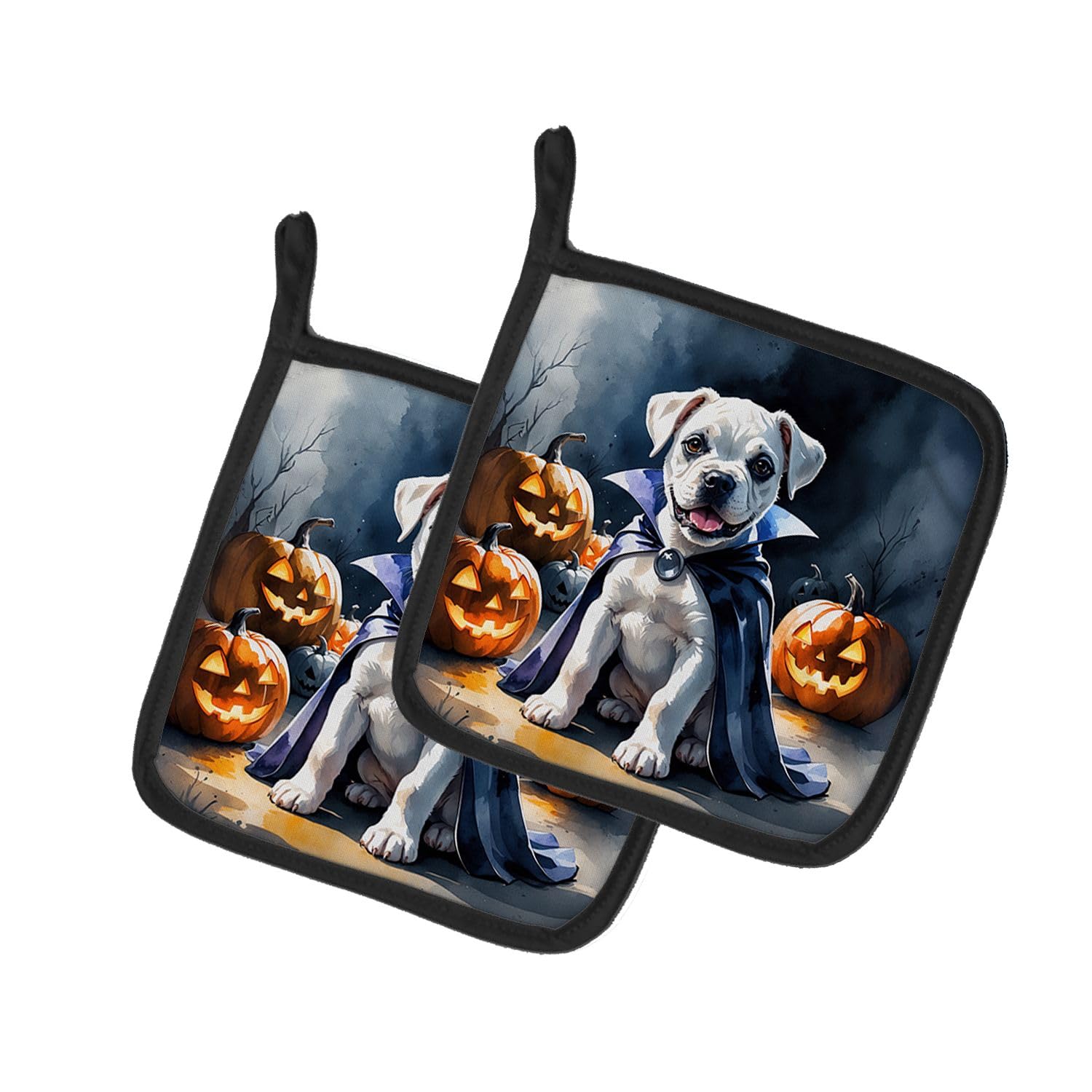 Carolines Treasures White Boxer Puppy Halloween Pair of Pot Holders Kitchen Heat Resistant Pot Holders Sets Oven Hot Pads for Cooking Baking BBQ, 7 1/2 x 7 1/2