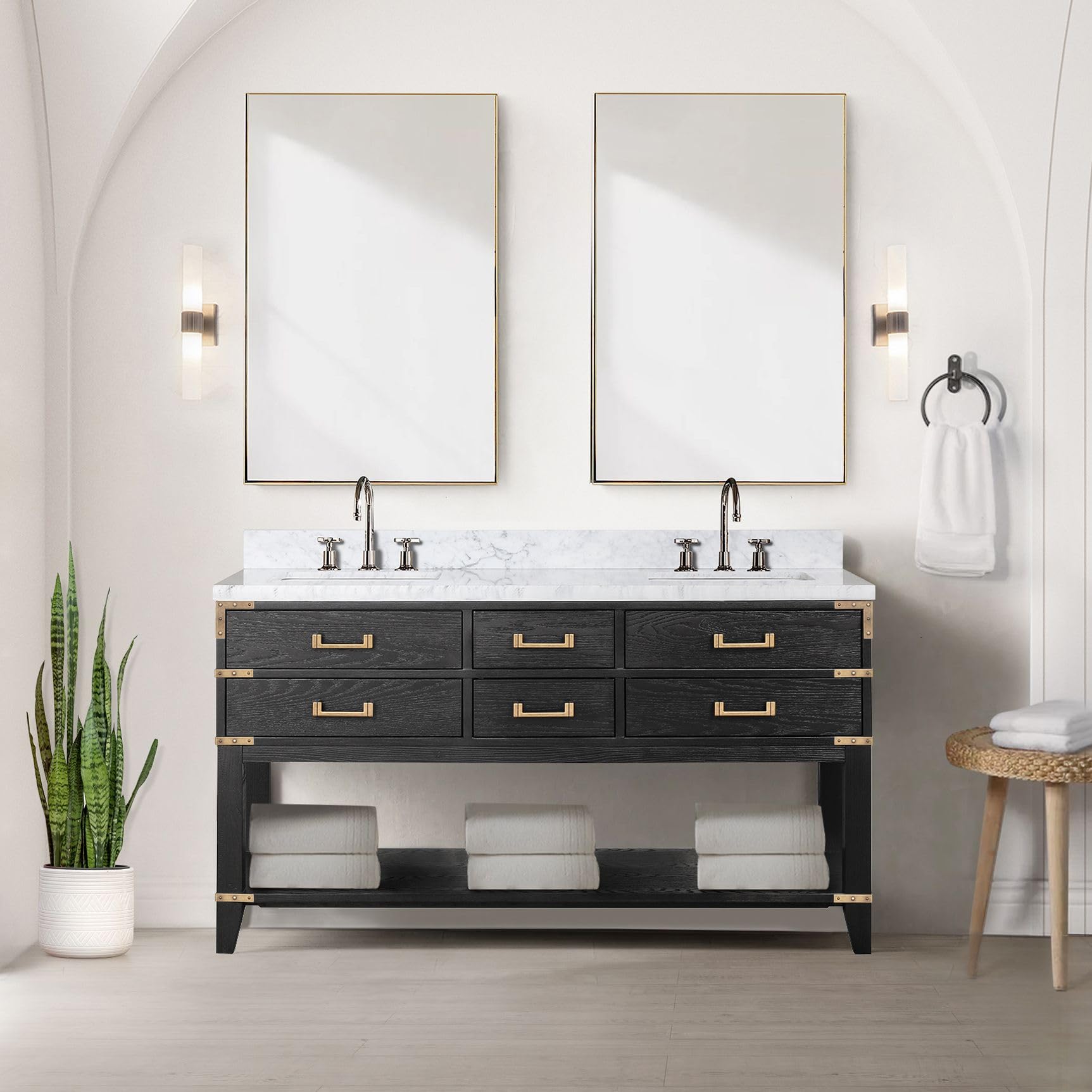 Black Oak Double Bath Vanity 60 in. W x 22 in. D, with Carrara Marble Top