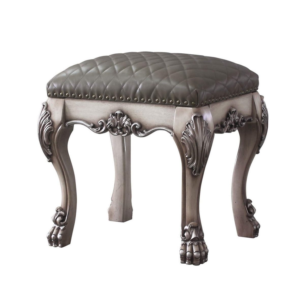 Benjara Traditional Wooden Vanity Stool With Leatherette Seat And Claw Legs, Gray