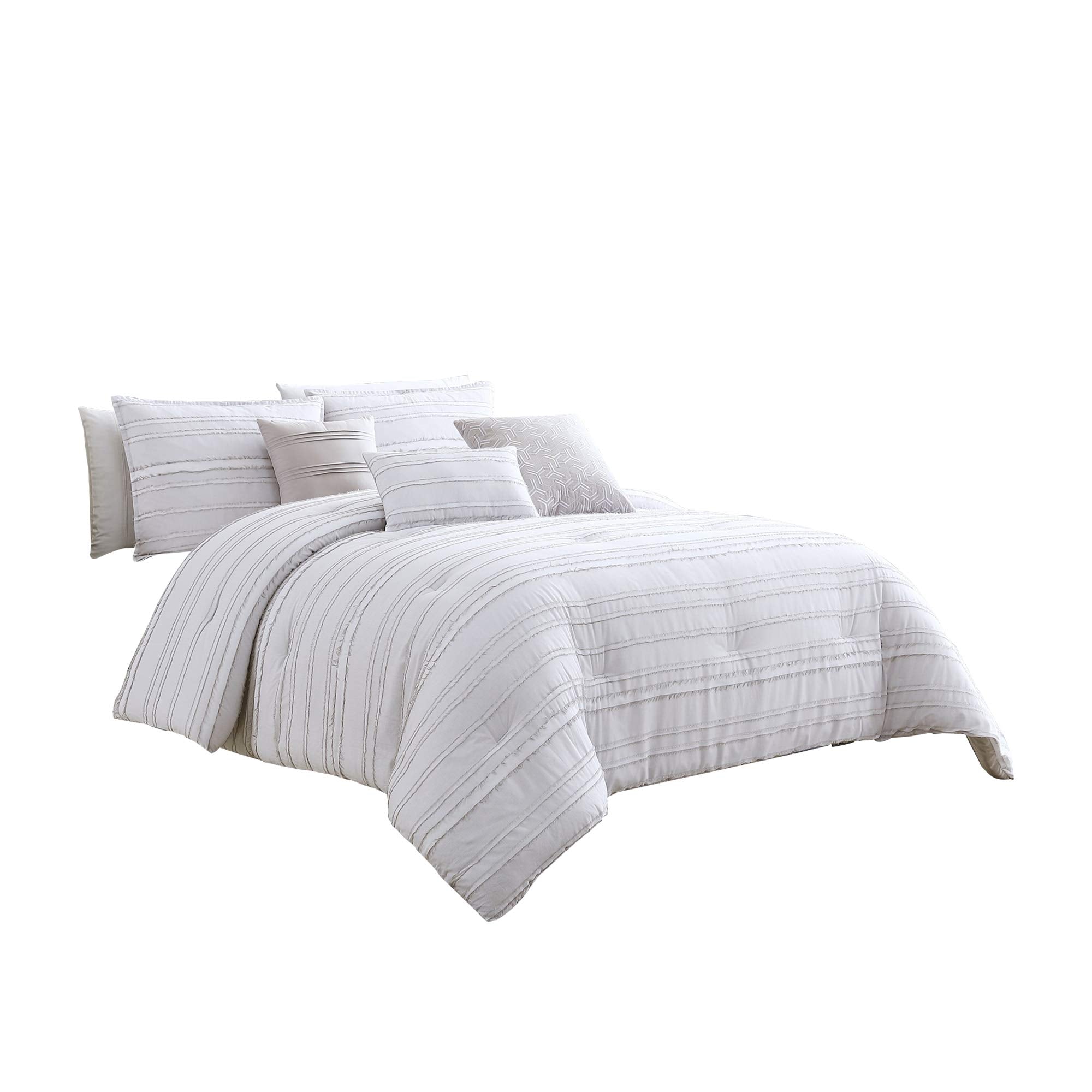 6 Piece King Cotton Comforter Set with Frayed Edges, White and Gray