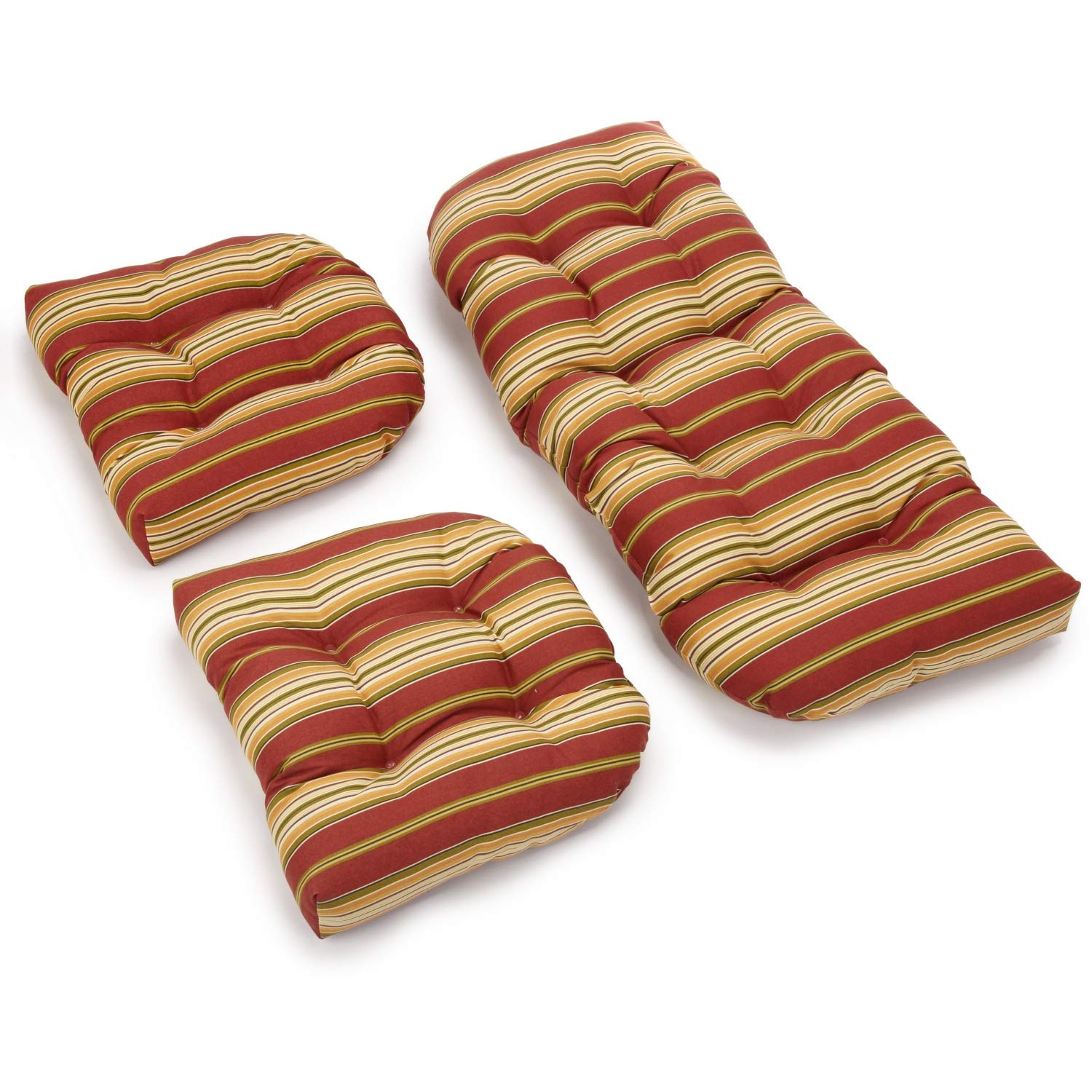 U-Shaped Spun Polyester Tufted Settee Cushion Set (Set of 3) - Kingsley Stripe Ruby