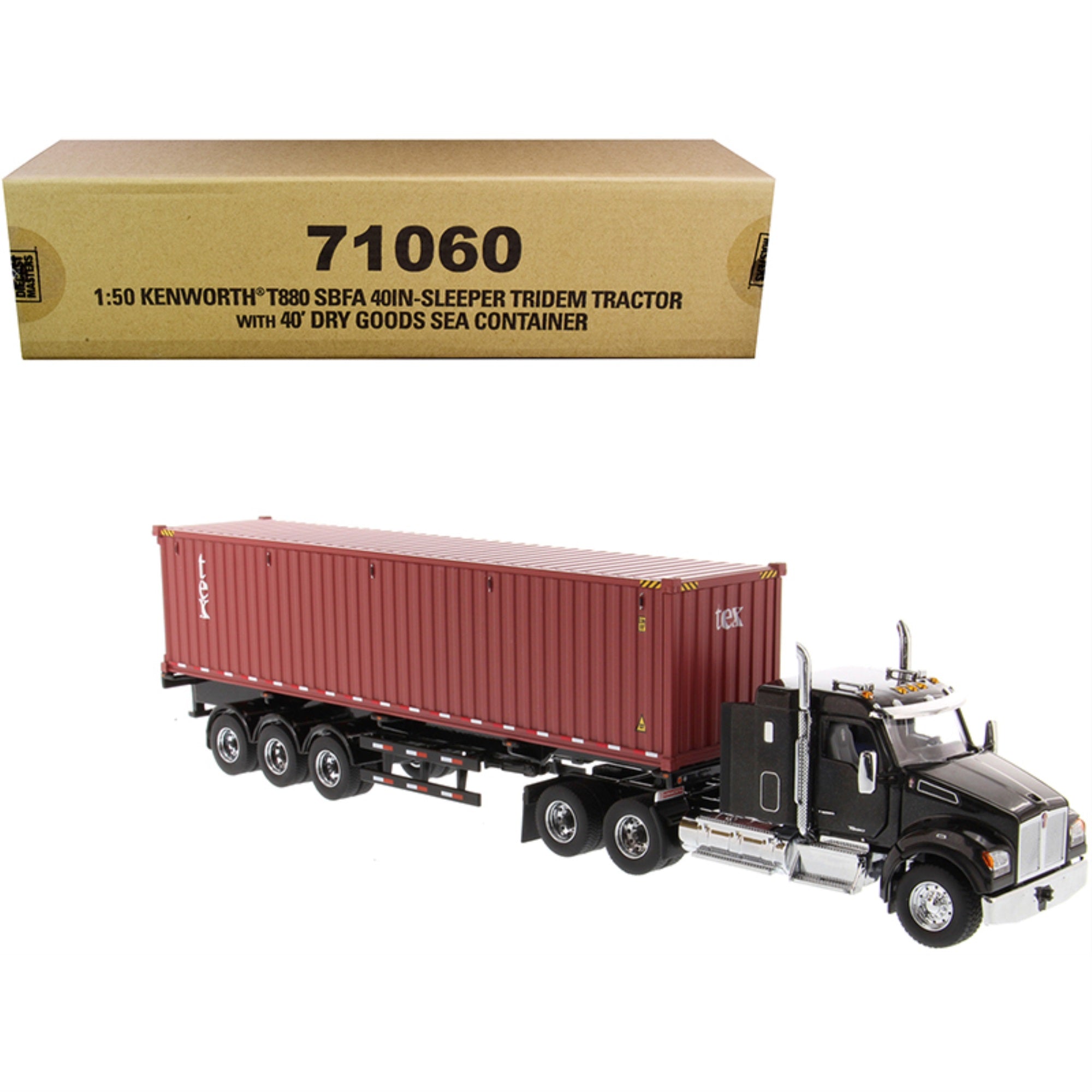 Kenworth T880 Sbfa 40' Sleeper Cab Tridem Truck Tractor Black Metallic With Flatbed Trailer And 40' Dry Goods Sea Container 'Tex' 'Transport Series' 1/50 Diecast Model By Diecast Master