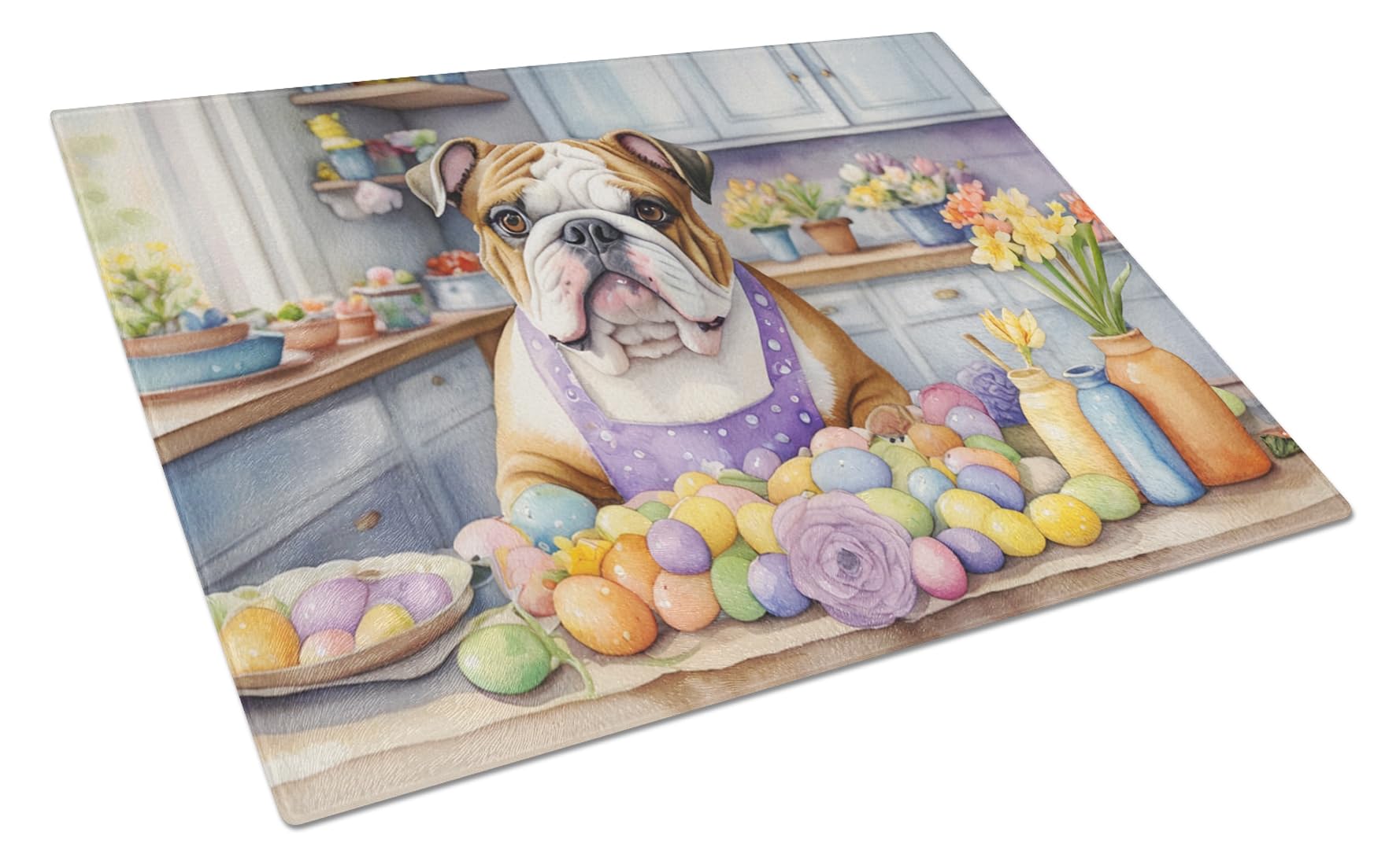 Carolines Treasures DAC6806LCB Decorating Easter English Bulldog Glass Cutting Board Decorative Tempered Glass Kitchen Cutting and Serving Board Large Size Chopping Board