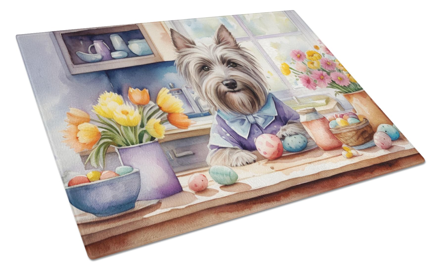Carolines Treasures DAC6906LCB Decorating Easter Skye Terrier Glass Cutting Board Decorative Tempered Glass Kitchen Cutting and Serving Board Large Size Chopping Board