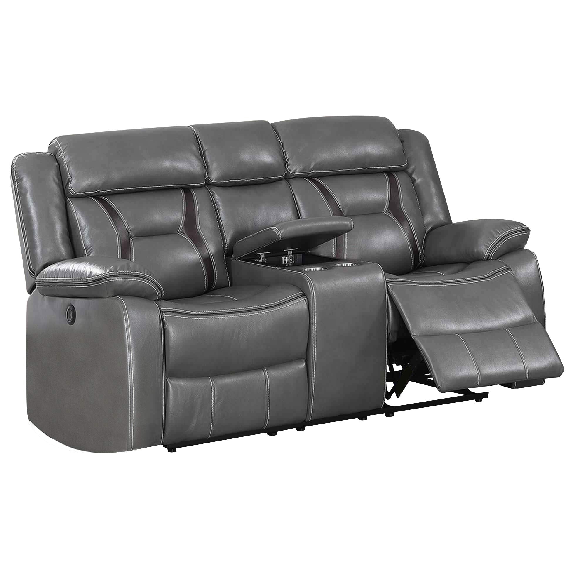 Contrast Stitched Leatherette Power Motion Loveseat with Console, Gray