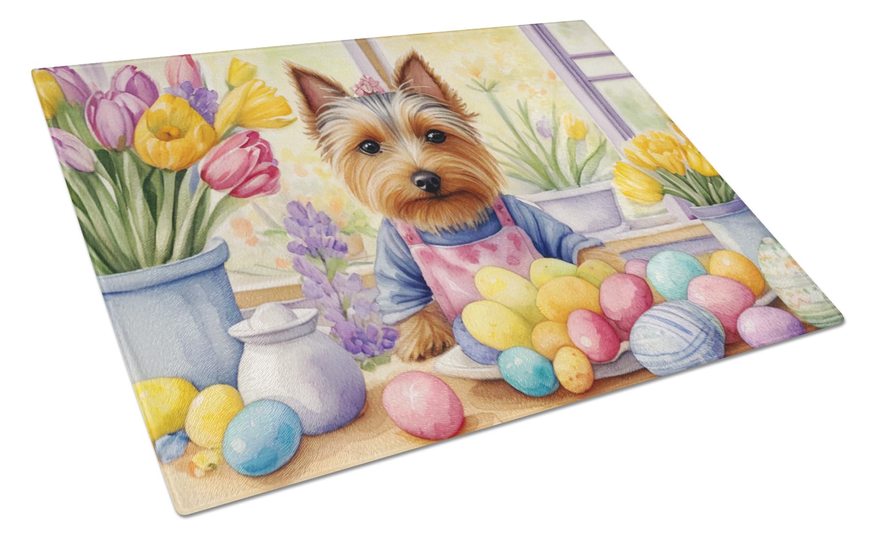 Carolines Treasures DAC6904LCB Decorating Easter Silky Terrier Glass Cutting Board Decorative Tempered Glass Kitchen Cutting and Serving Board Large Size Chopping Board