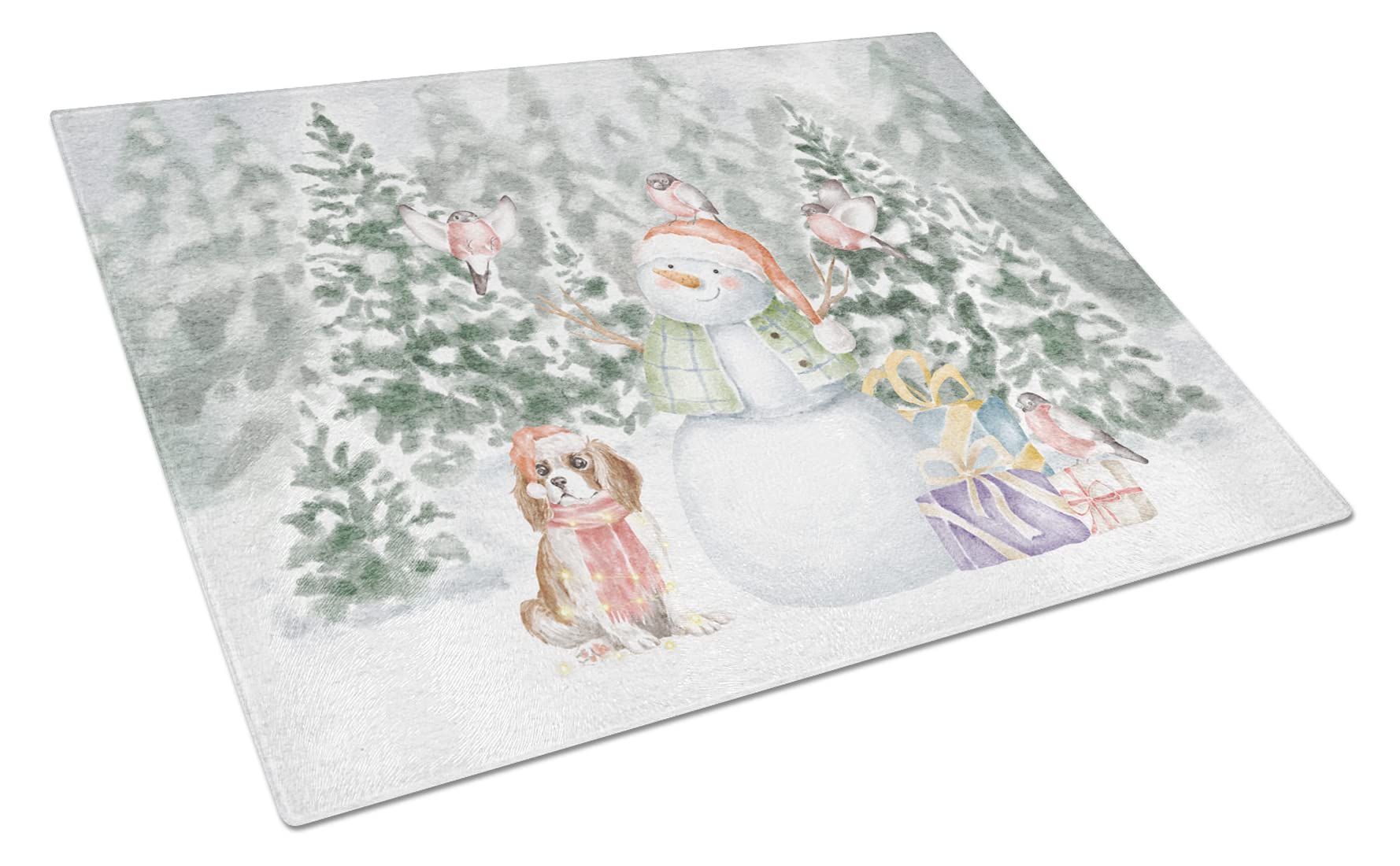 Carolines Treasures CK8056LCB Cavalier King Charles Spaniel Blenheim Puppy Snowman and Christmas Presents Glass Cutting Board Large Decorative Tempered Glass Kitchen Cutting and Serving Board Large S