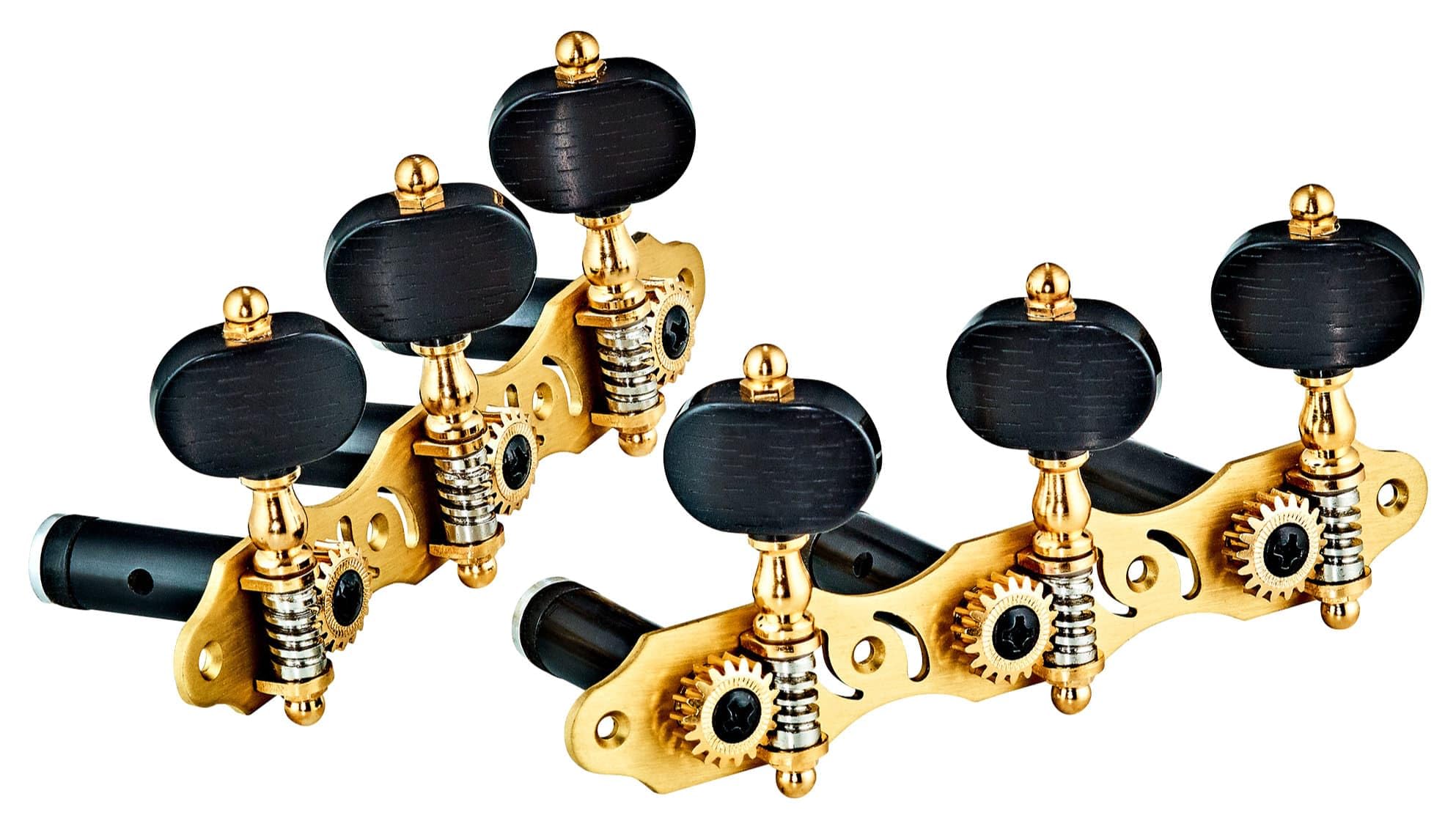 Classical Private Tuning Machines 3L x 3R with Brushed Brass Baseplate & Black Buttons