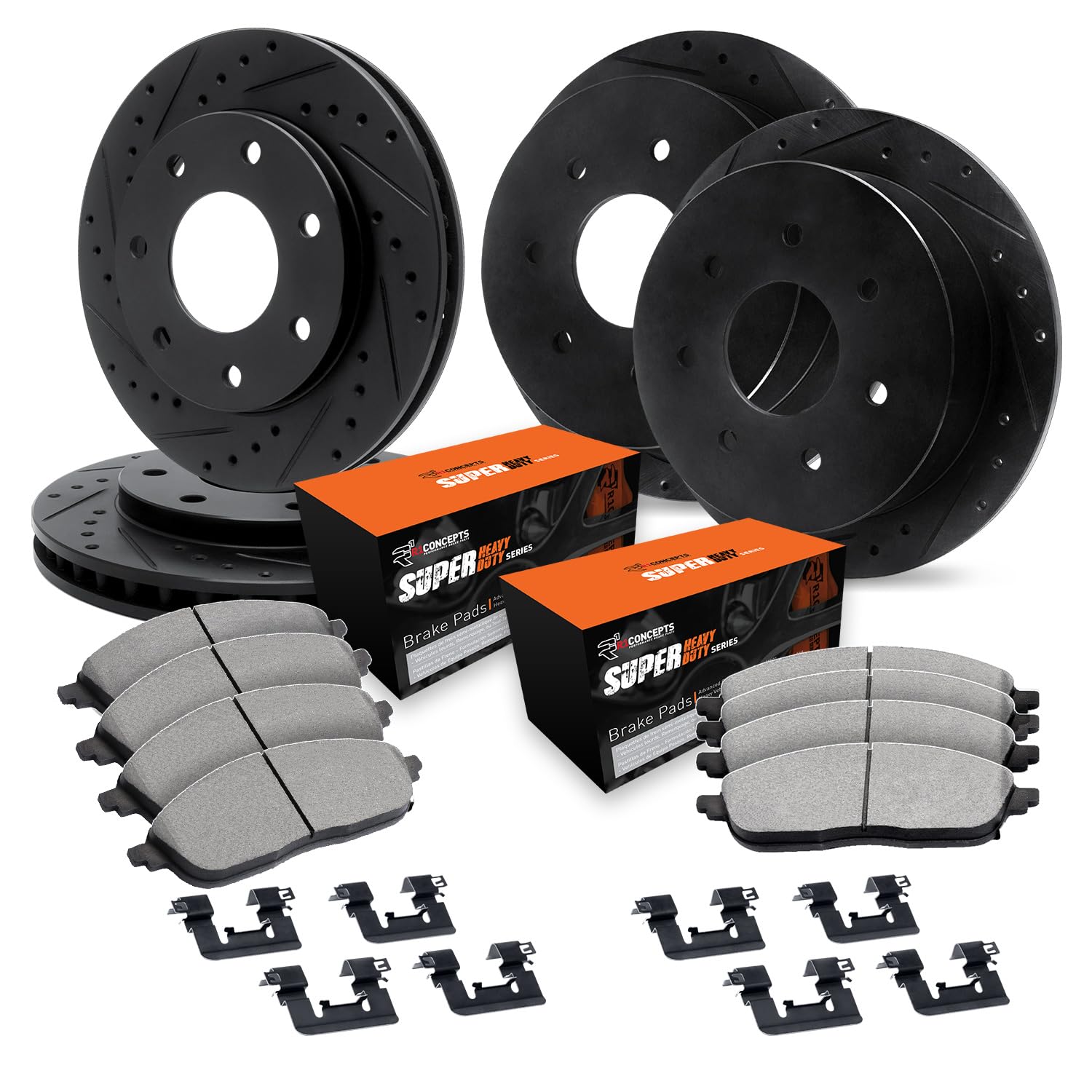 R1 Concepts Drilled and Slotted Black Disc Brake Rotor Set with Super Duty Pads and Hardware WHXH2-54033