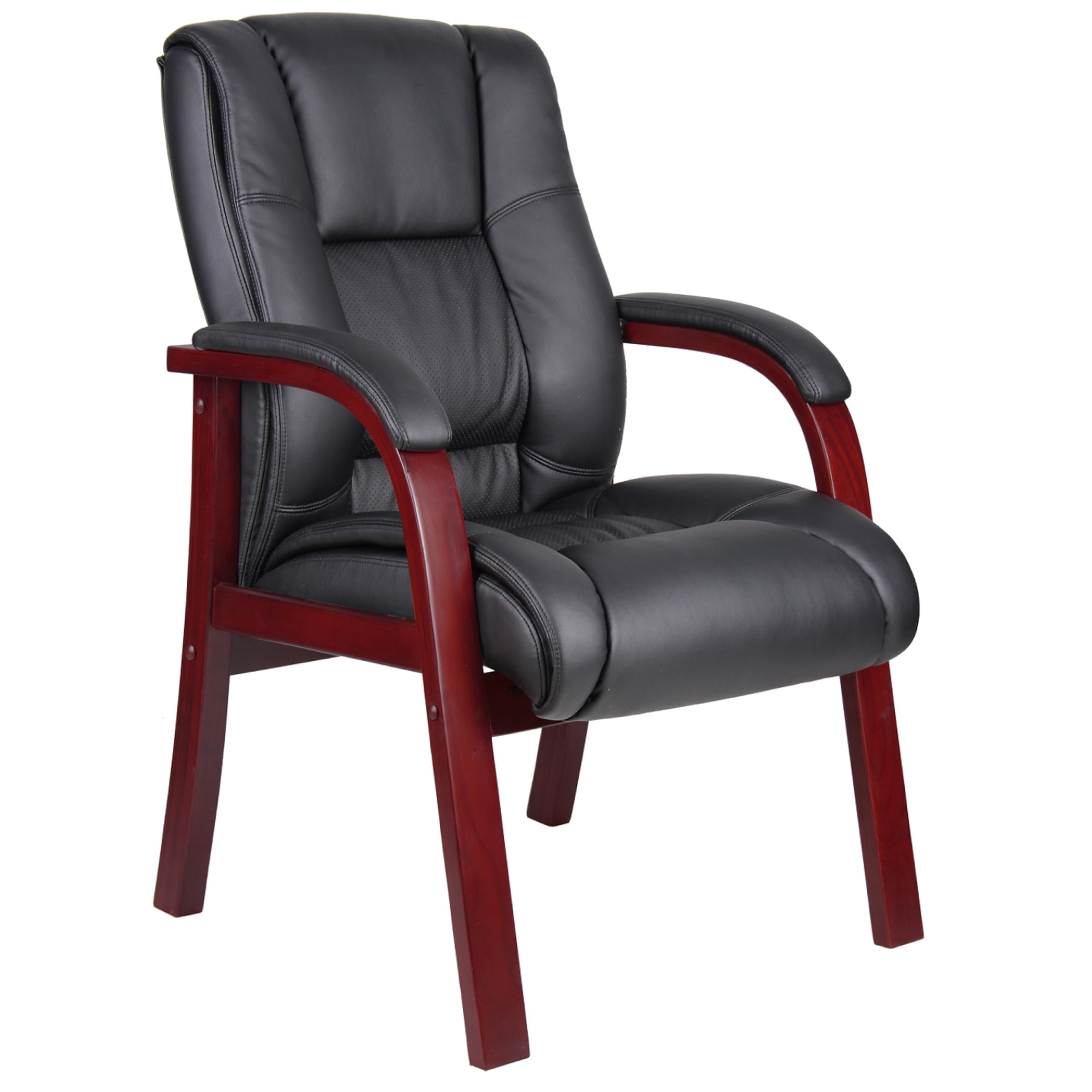 Aria Guest Armchair with Mahogany Brown Wood Finish, Black Vinyl
